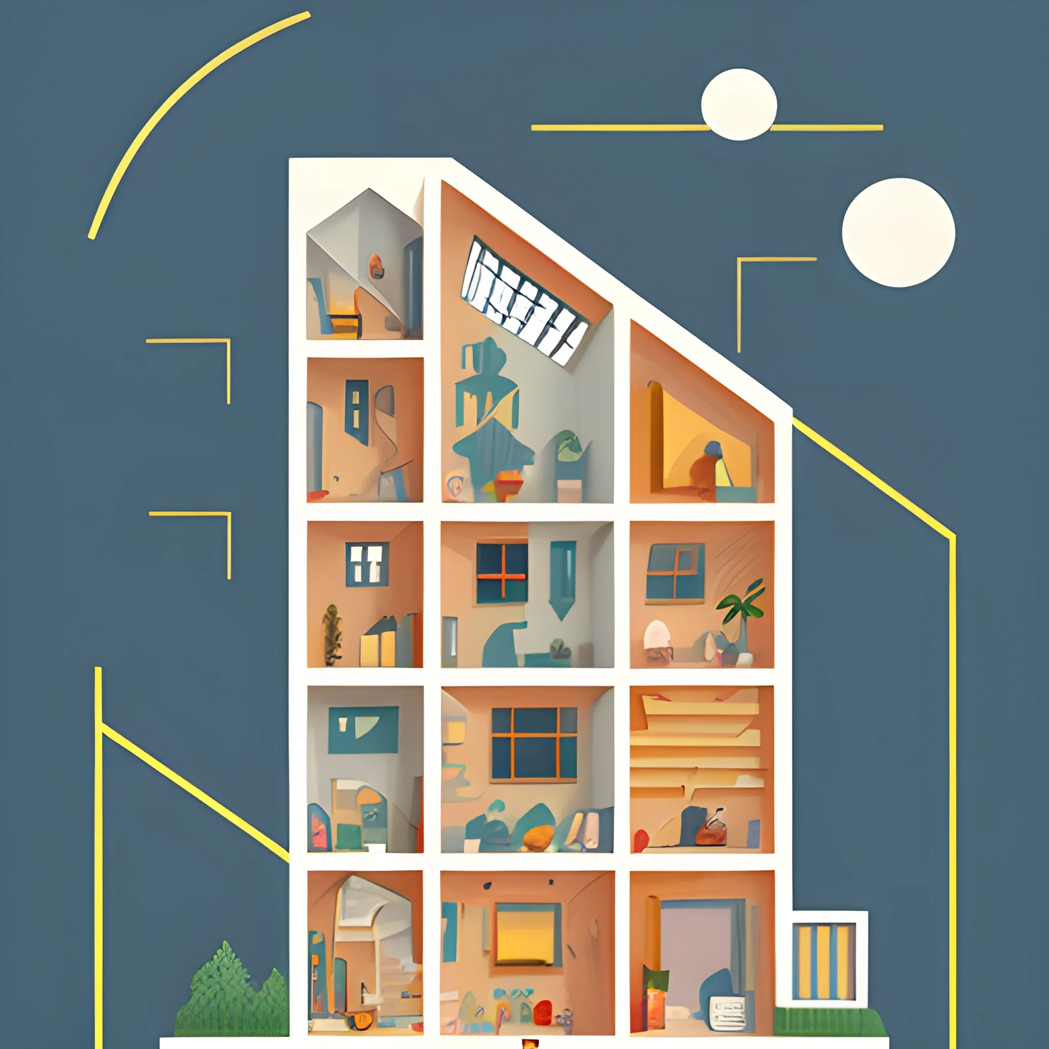 a beautiful flat 2 dimensional illustration of a cross section of a house, view from the side, a storybook illustration by muti, colorful, minimalism, featured on dribble, unique architecture, behance hd, dynamic composition


