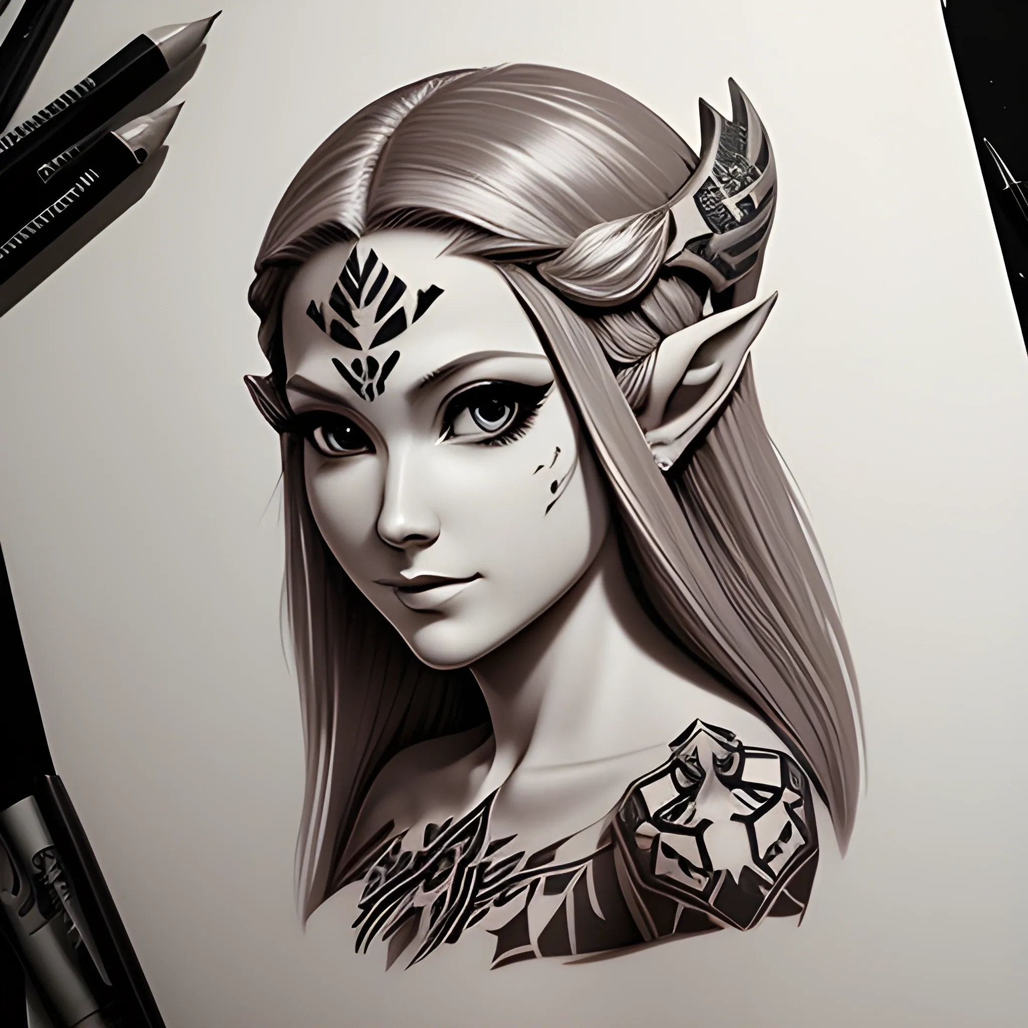 tattoo design, stencil, portrait of princess zelda by artgerm,
