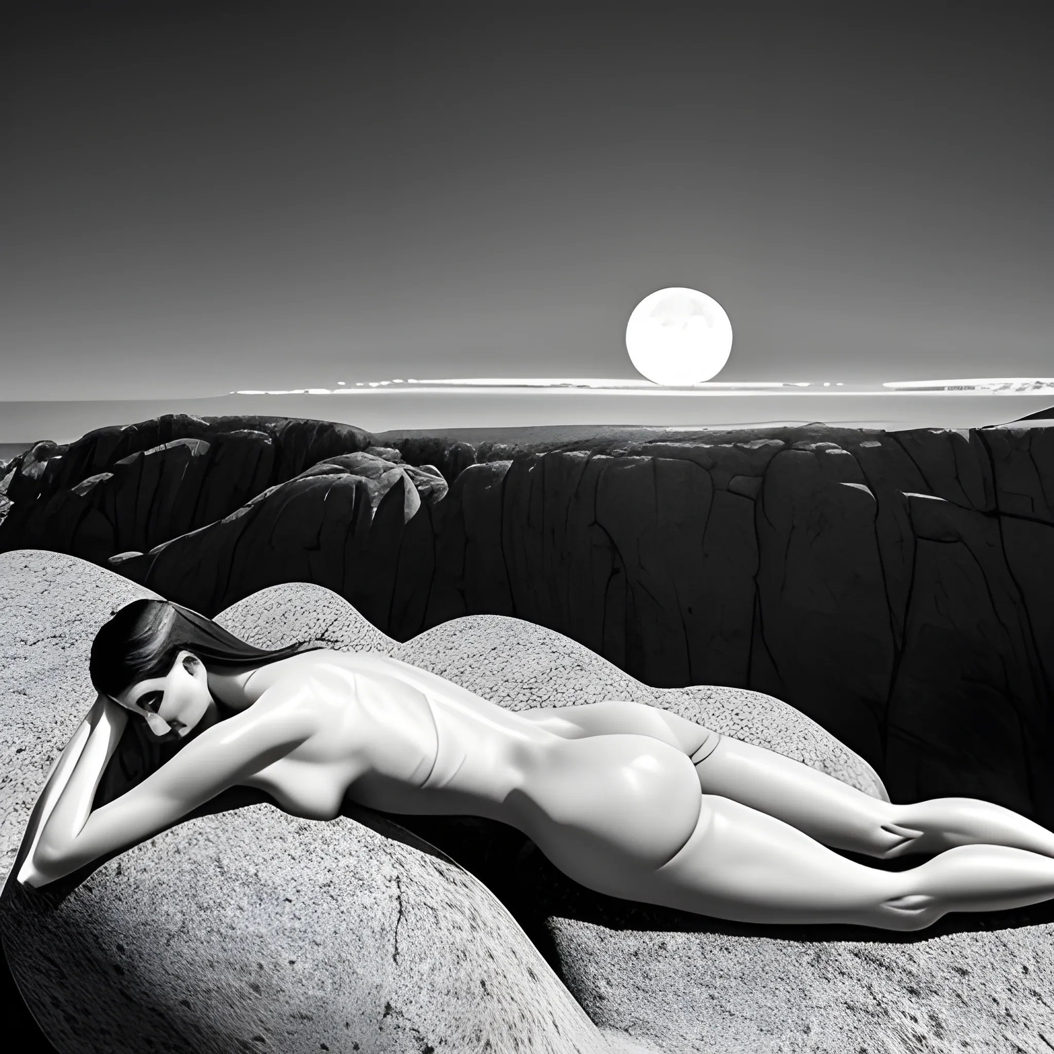 monochrome photo, high resolution, concept photo, cracked flat earth, big moon seen on the horizon, in front of the scene a naked woman is lying on a boulder like a fetus in the womb
