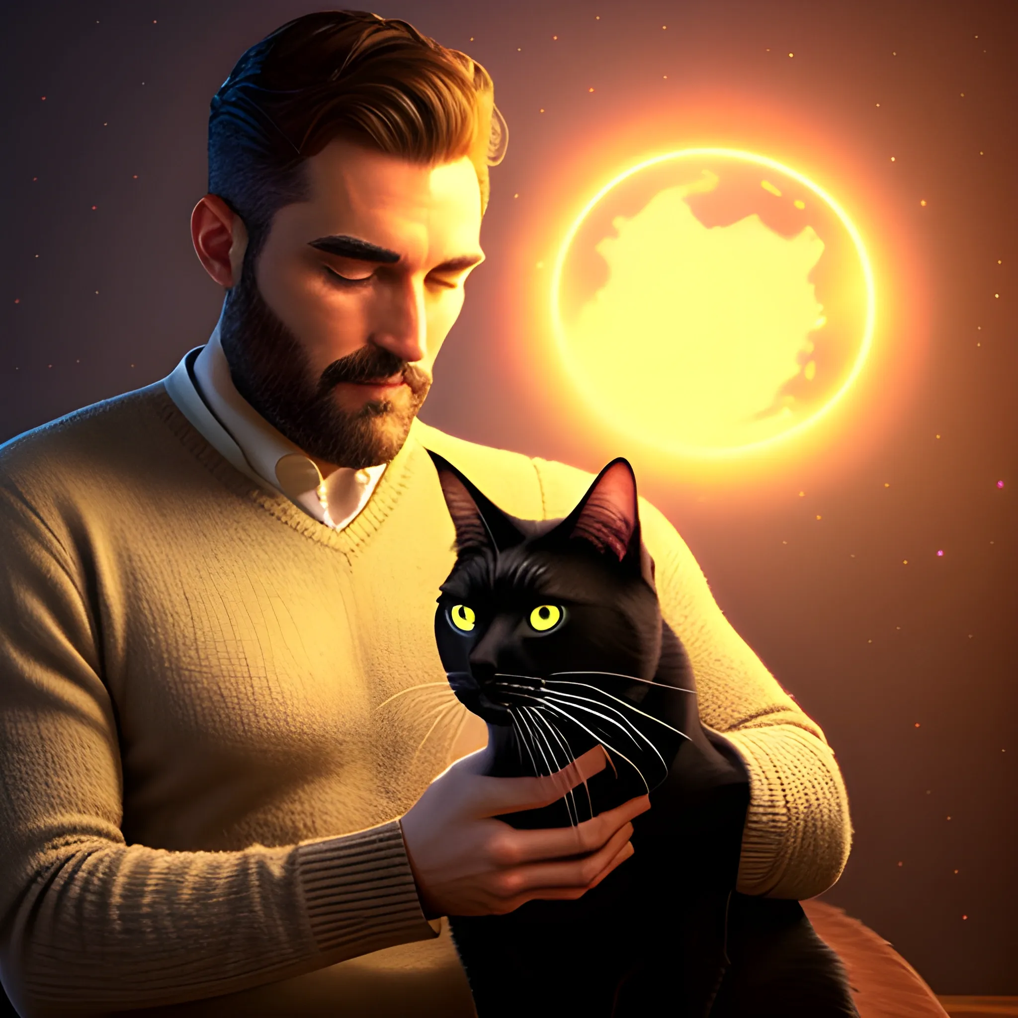 full image,magical dream thoughts,boy and cat,warm and loving,light,