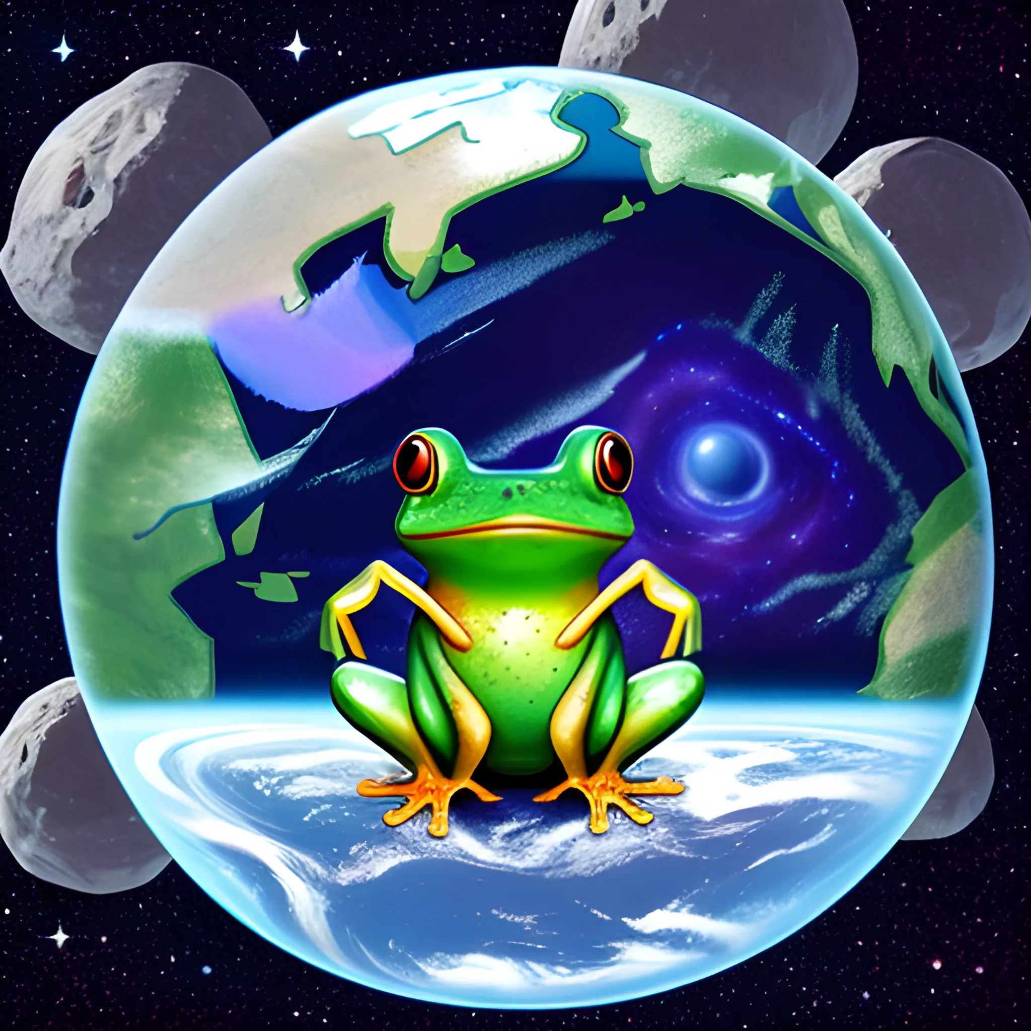 a cosmic frog in space holding earth.