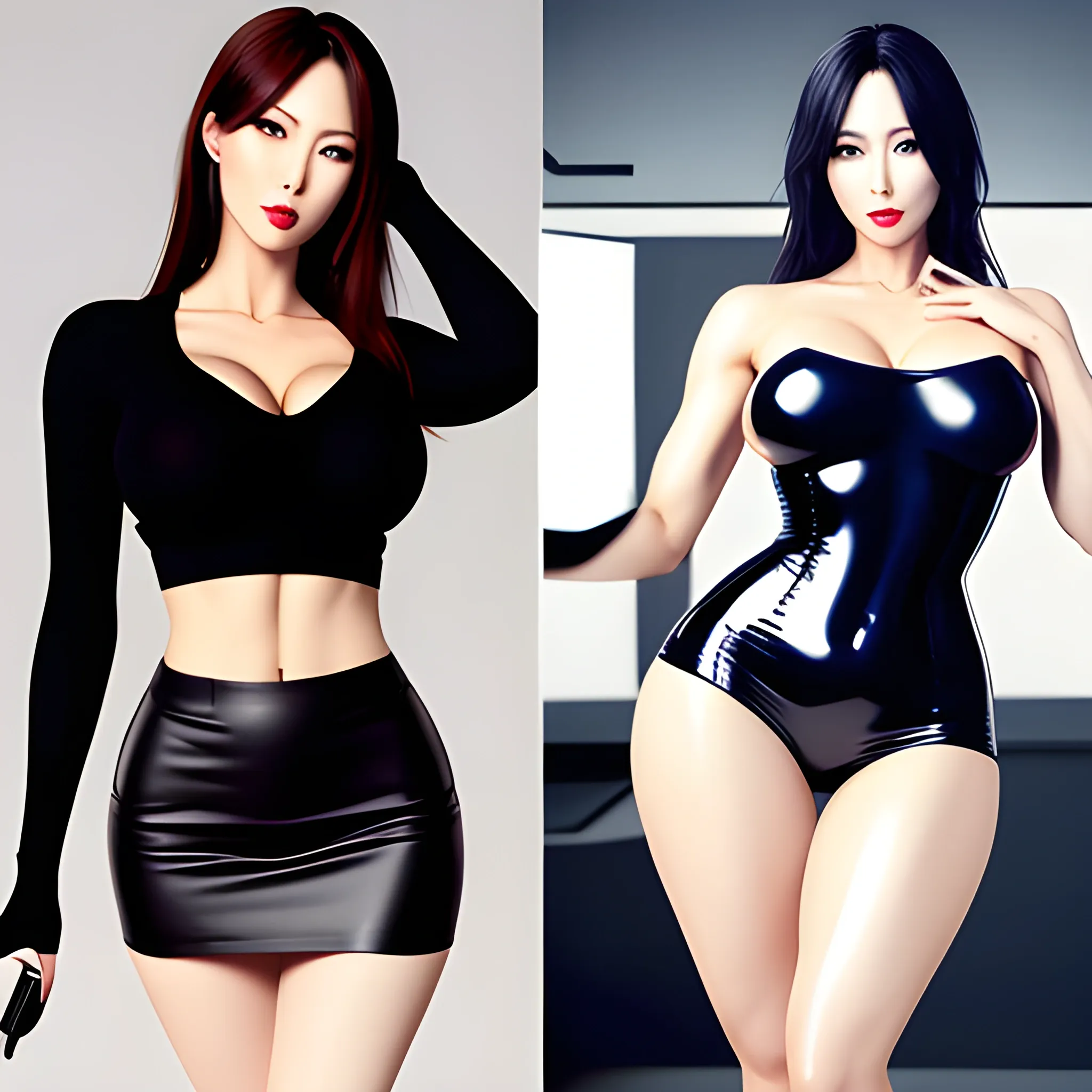 waifu, hot sexy girl, tight black miniskirt, realistic, photo collage