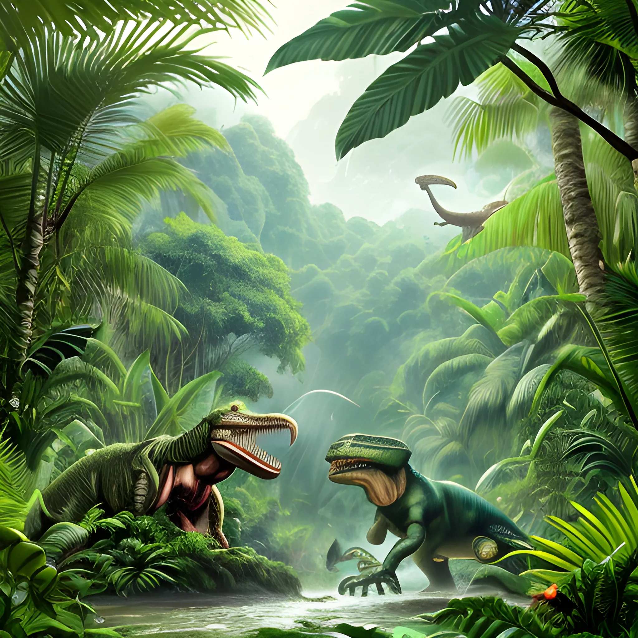 a breath-taking image of a lush jungle with a tyrannosaurus rex drinking from a river.