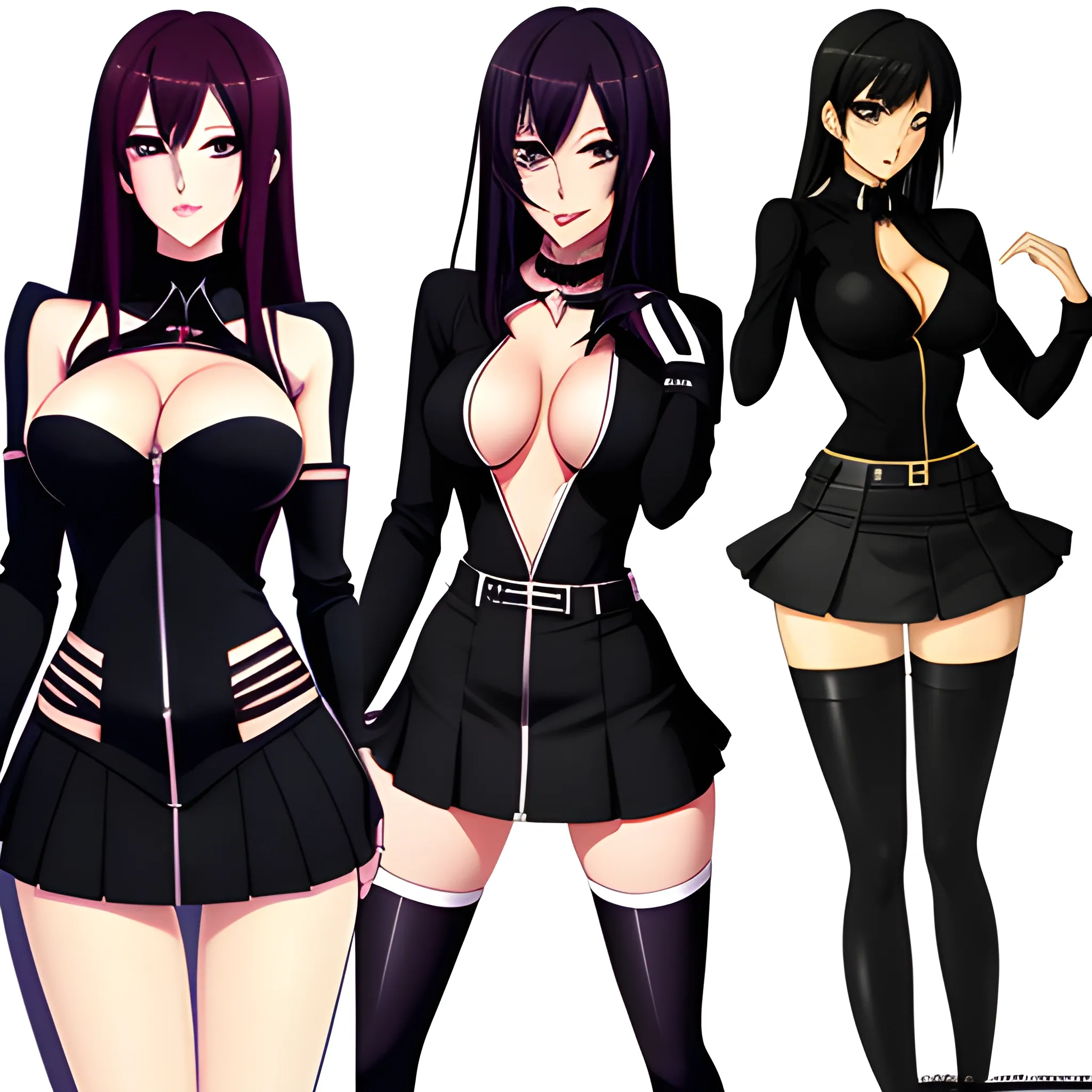 anime, hot girl, tight black miniskirt, 9 different 
outfits