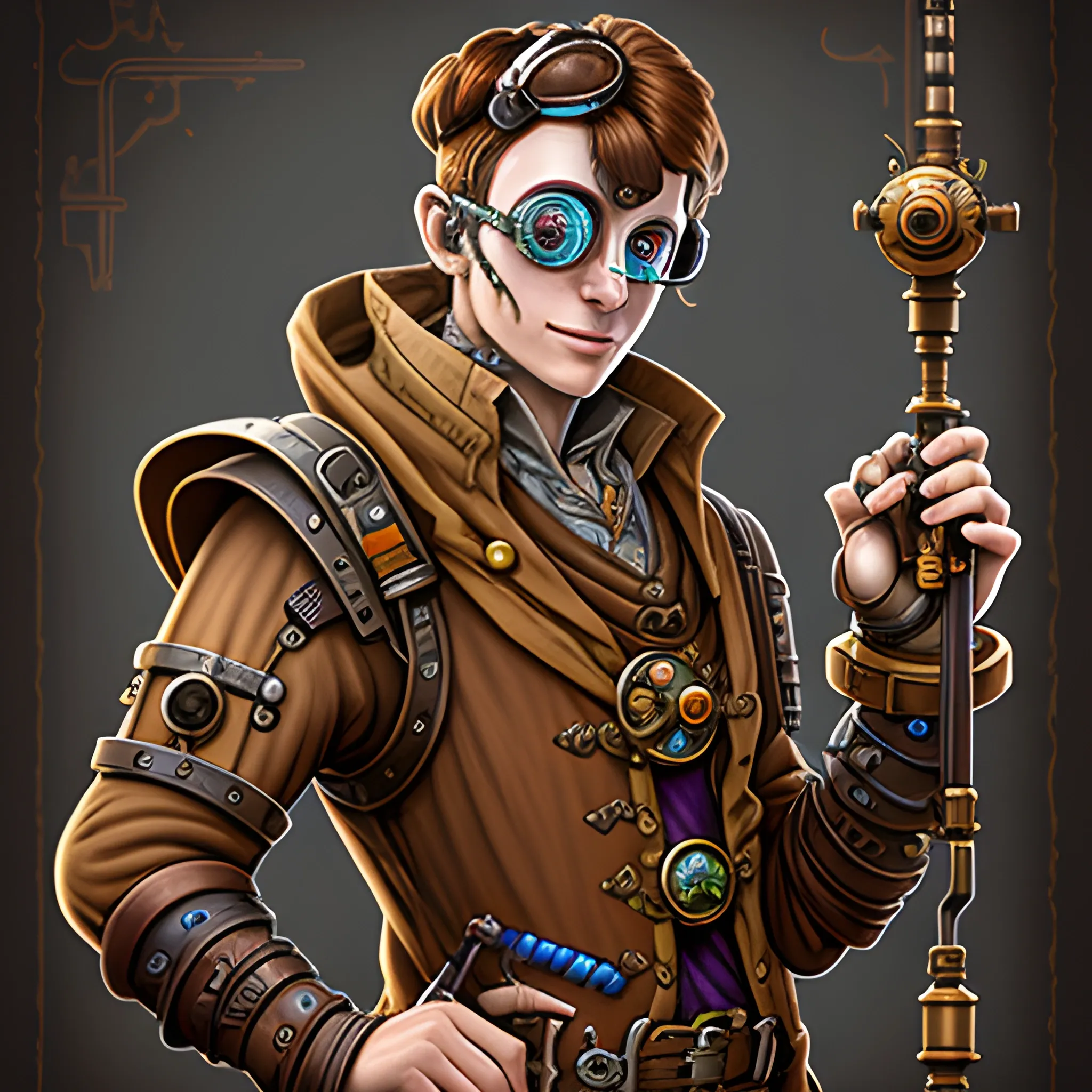 dungeons and dragons' artificer as a Steampunk inventor with a multilense goggles and a mechenical hand
