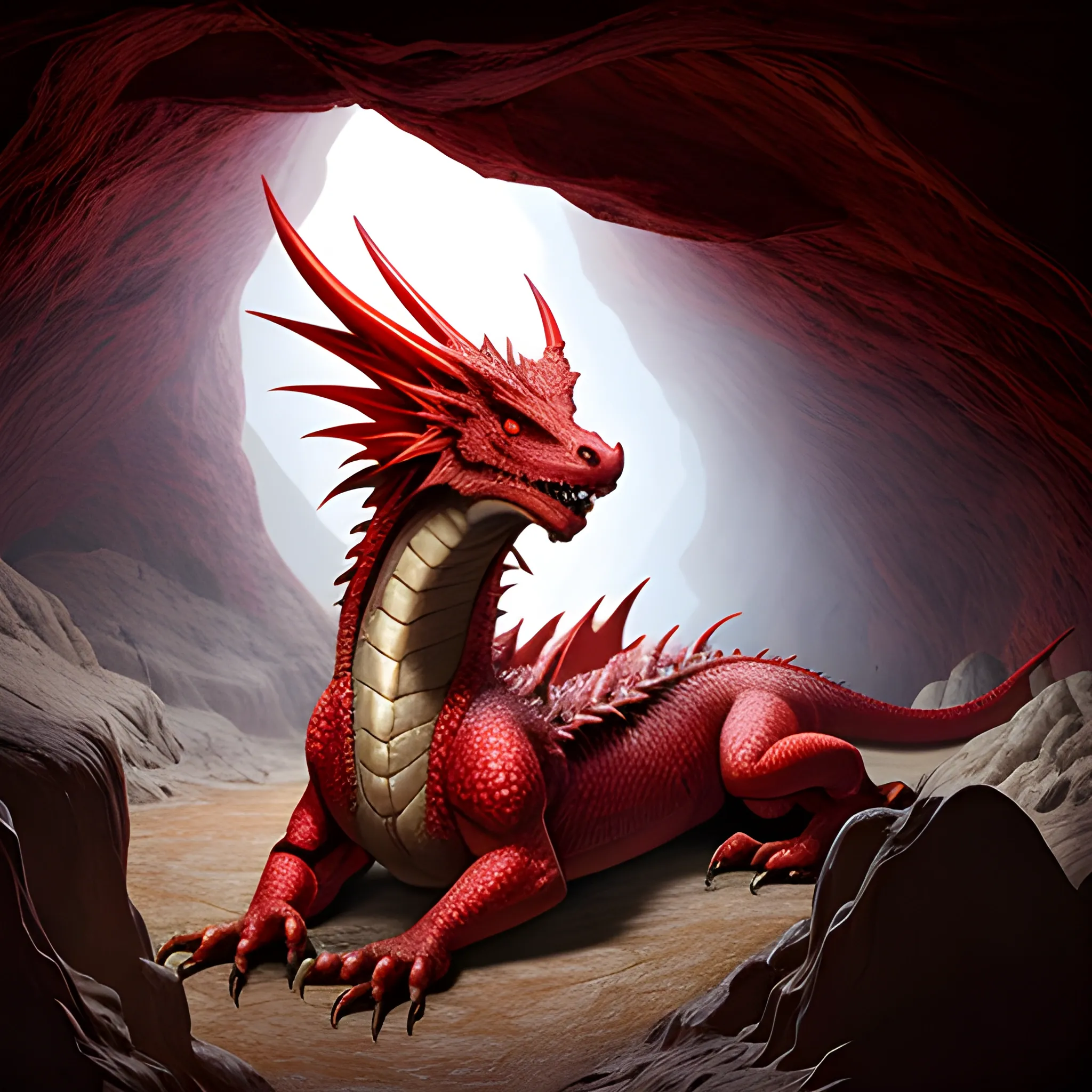 a beautiful image of a red north american dragon in a cave