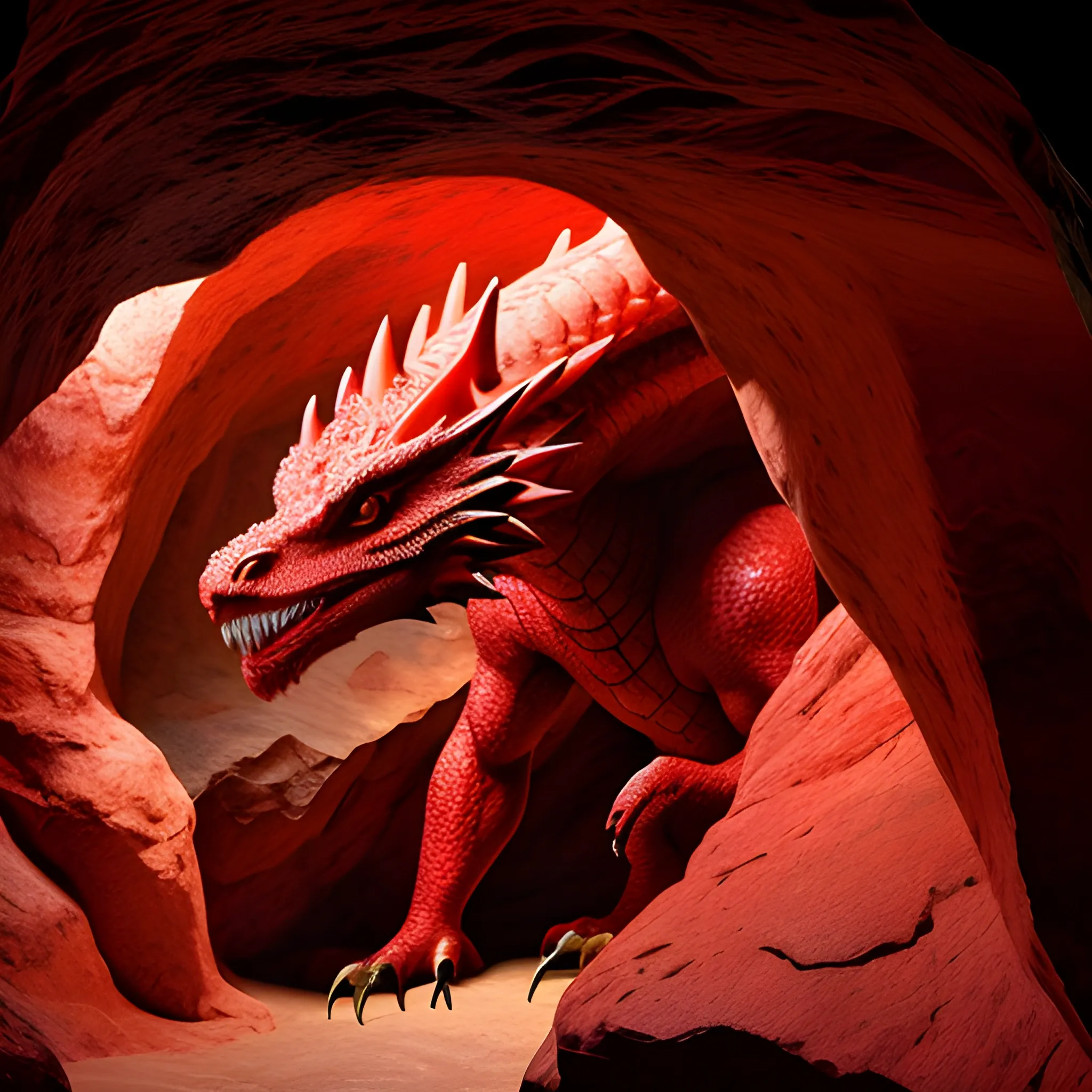 a beautiful image of a red north american dragon in a cave