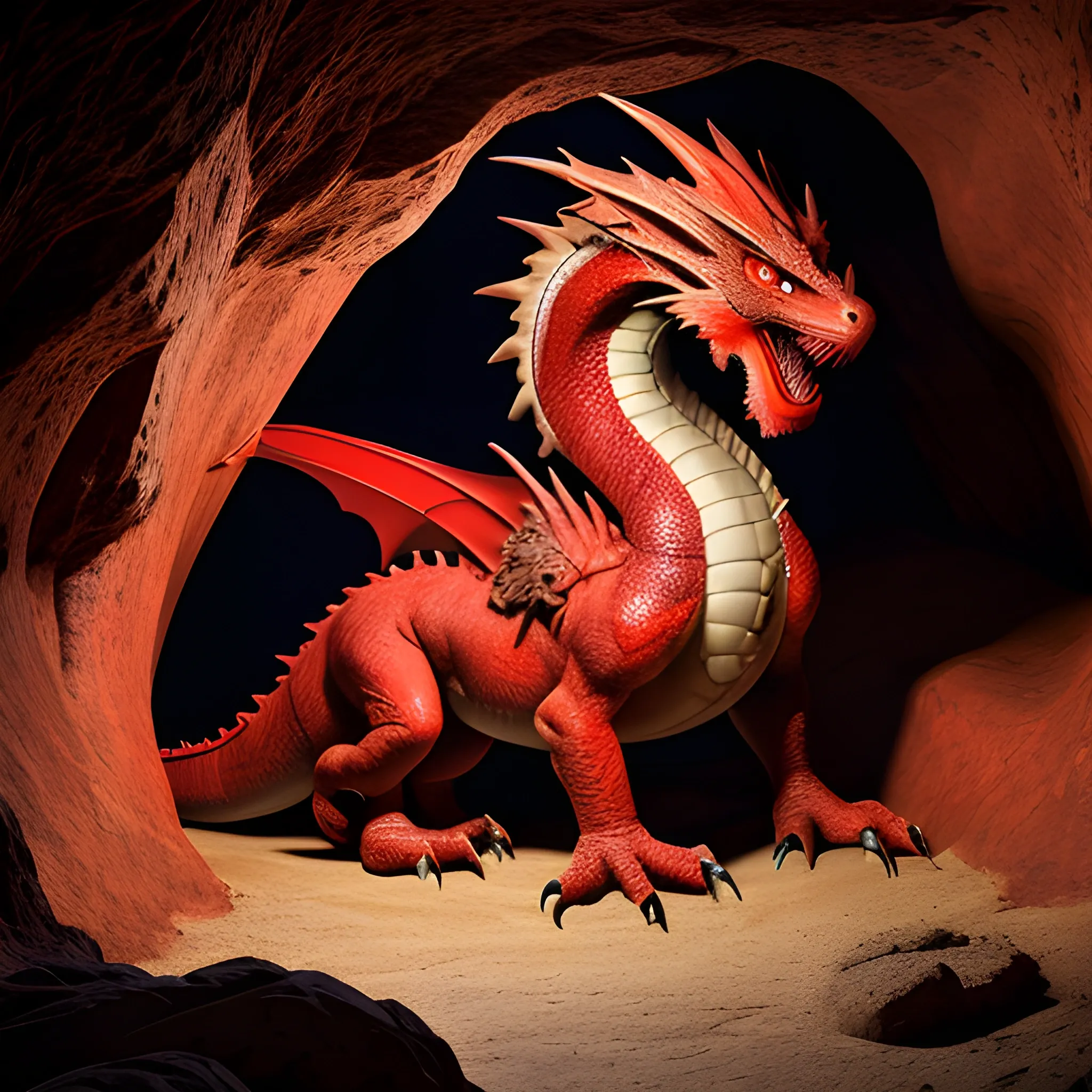 a beautiful image of a red north american dragon in a cave