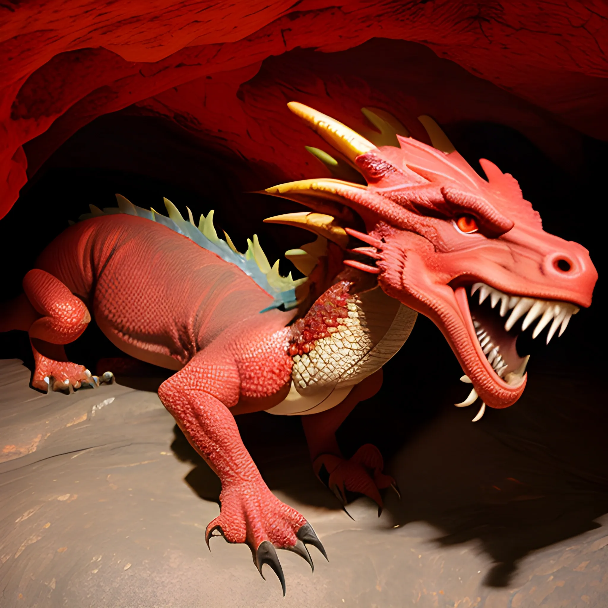 a beautiful image of a red north american dragon in a cave