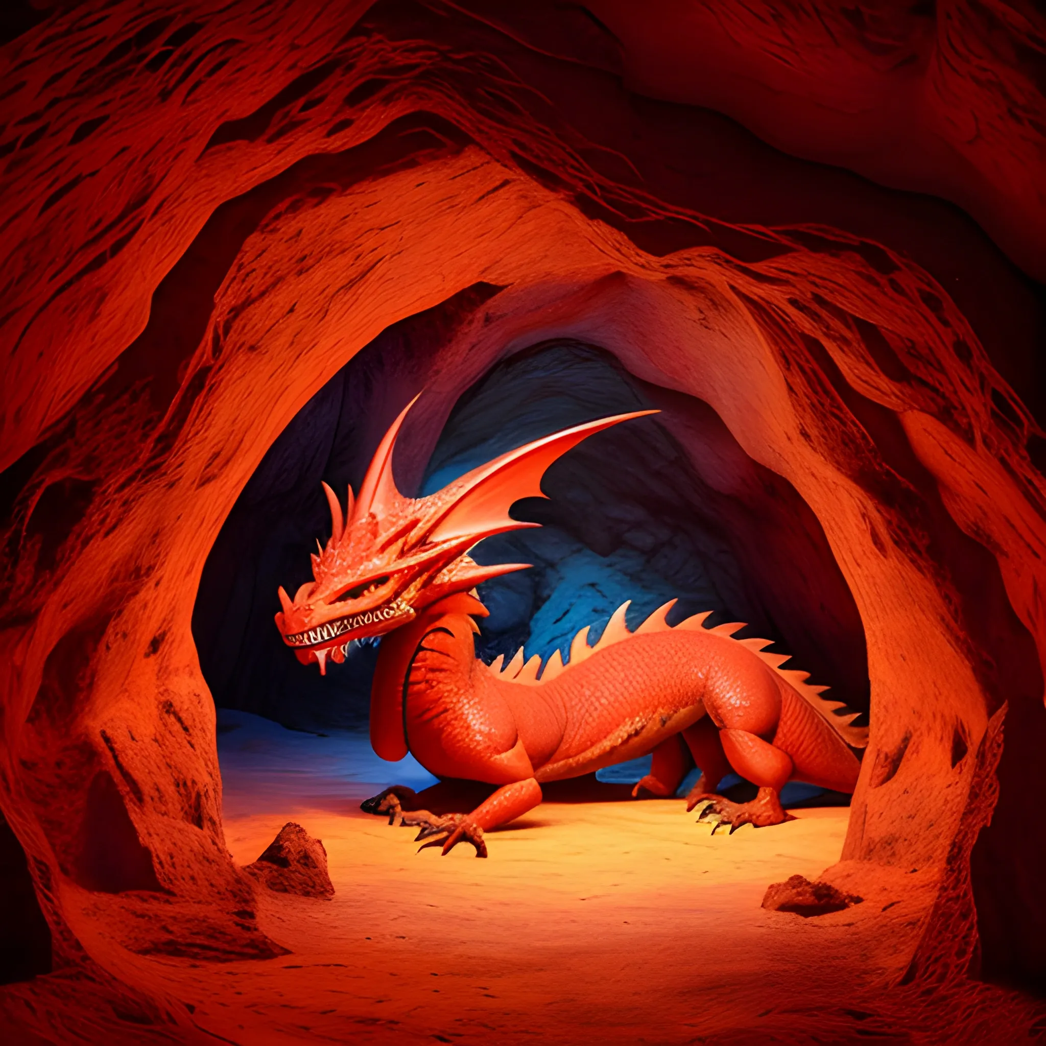 a beautiful image of a red north american dragon in a cave