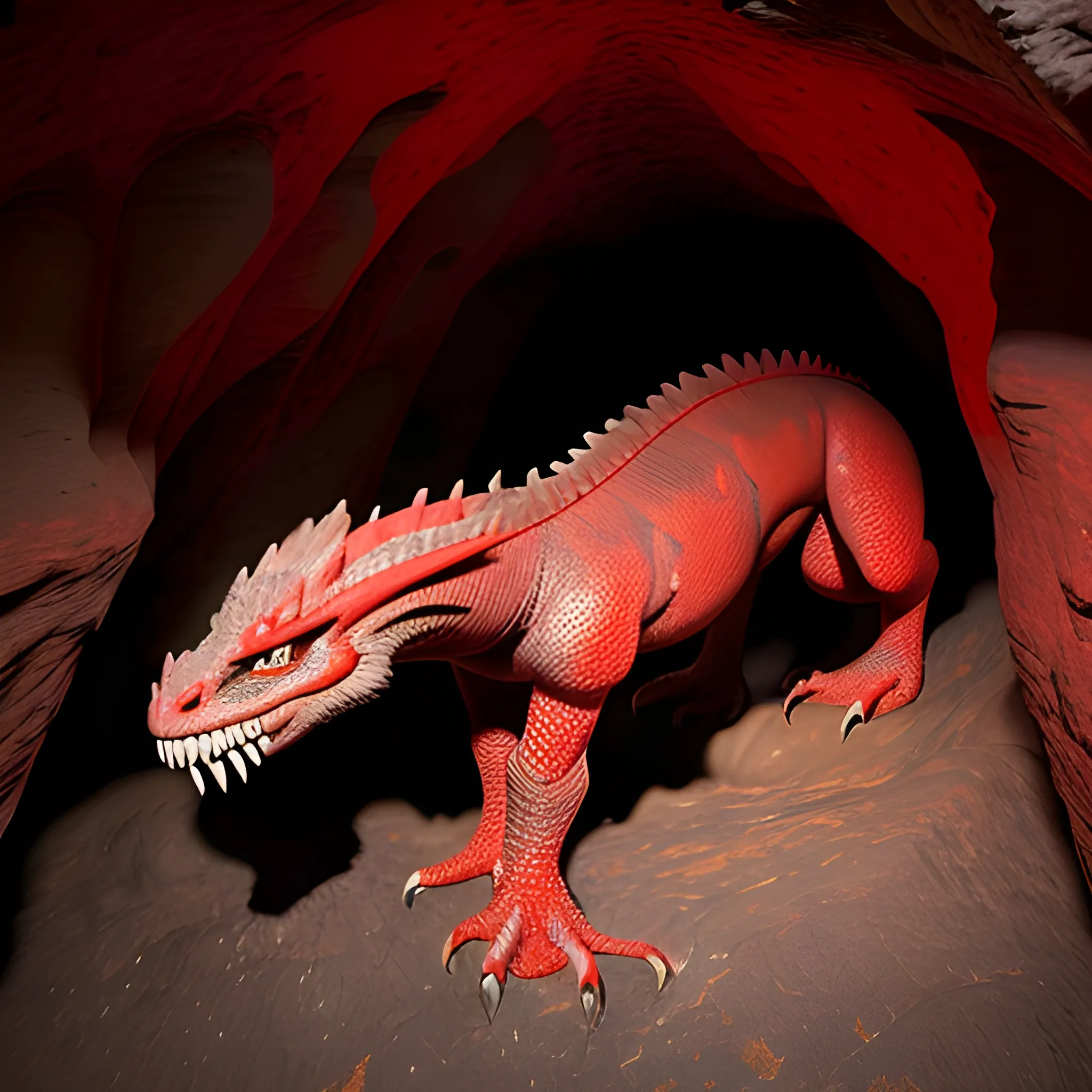 a beautiful image of a red north american dragon in a cave