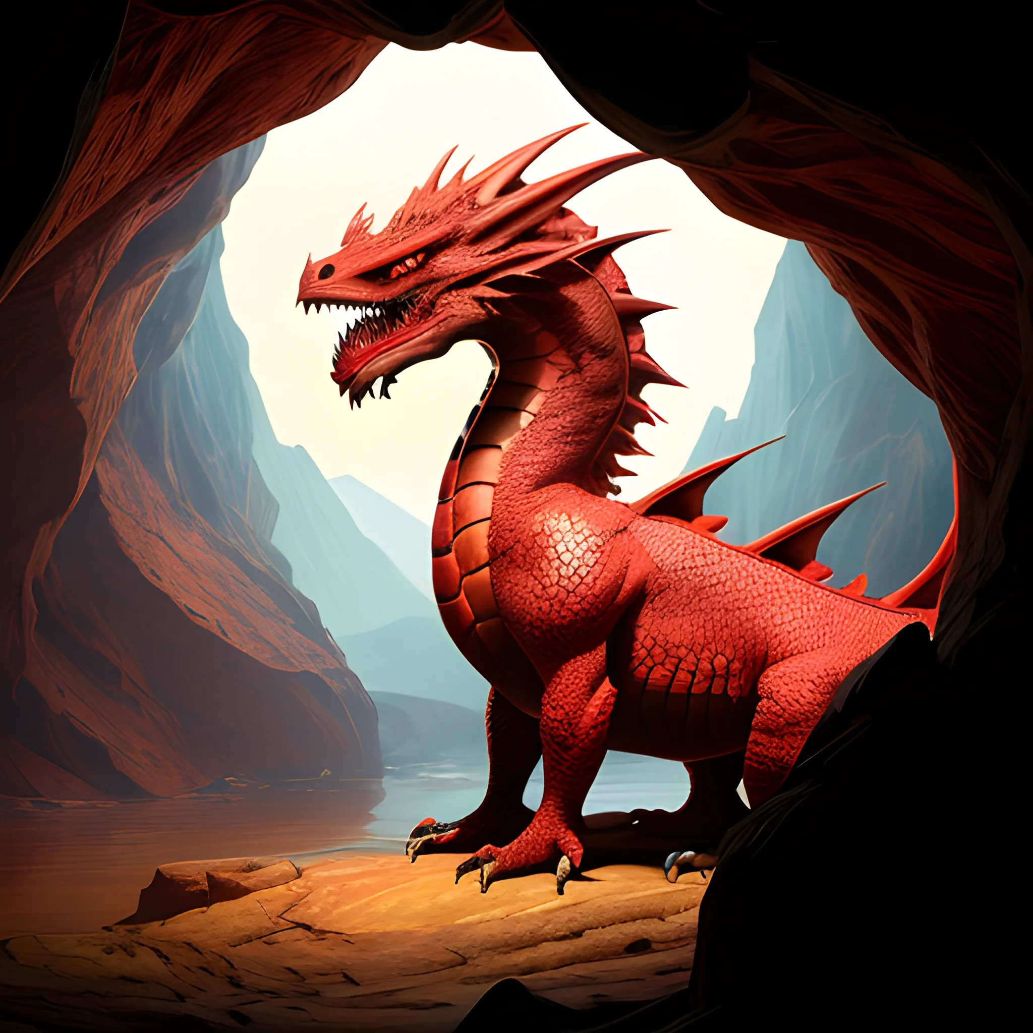 a beautiful image of a red north american dragon in a cave