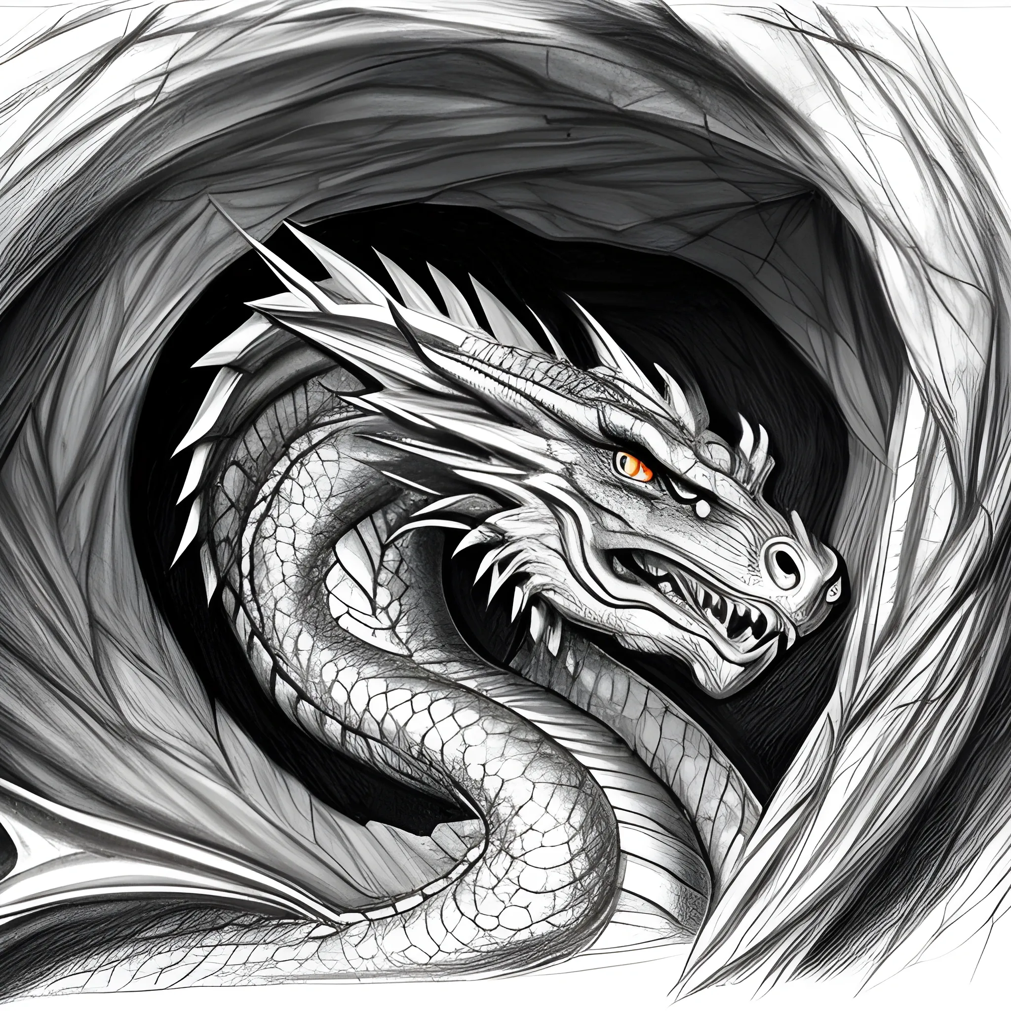 a beautiful image of a north American dragon in a cave, Pencil Sketch