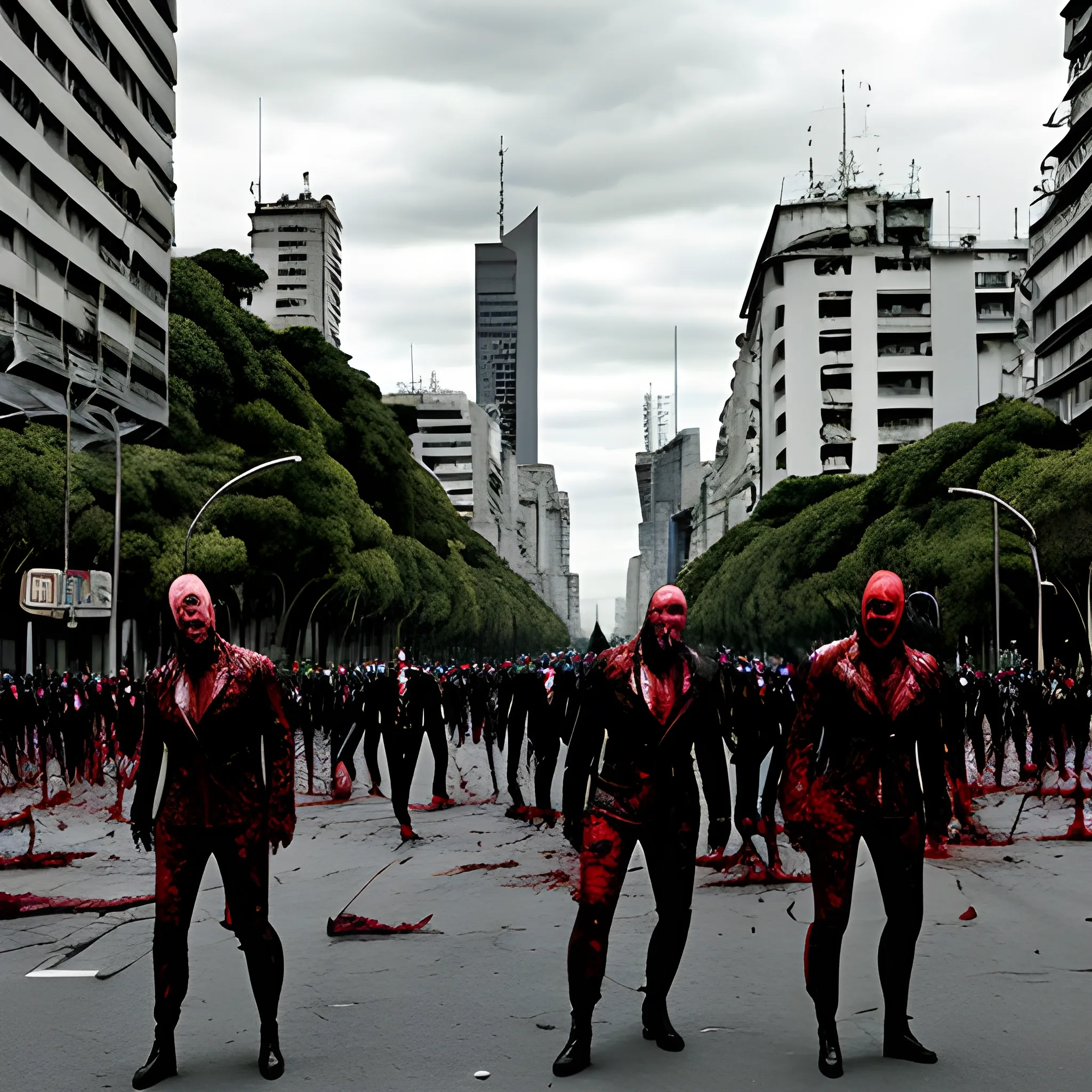 ciudad de Buenos Aires postapocalìptica. Invasión Zombie. Afición de Boca Juniors. Estilo Tarantino. Escena cinematogràfica.