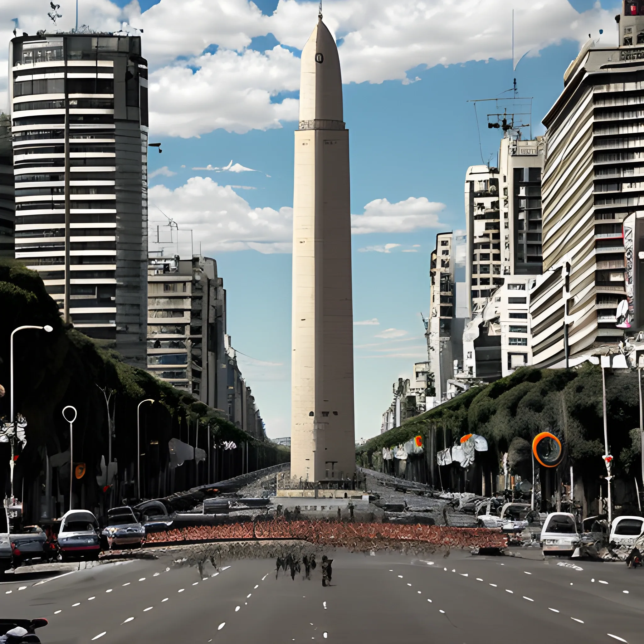 Avenida 9 de julio, ciudad de Buenos Aires, Argentina. Obelisco. Escena postapocalìptica. Invasión Zombie. Estilo Tarantino. Escena cinematogràfica.