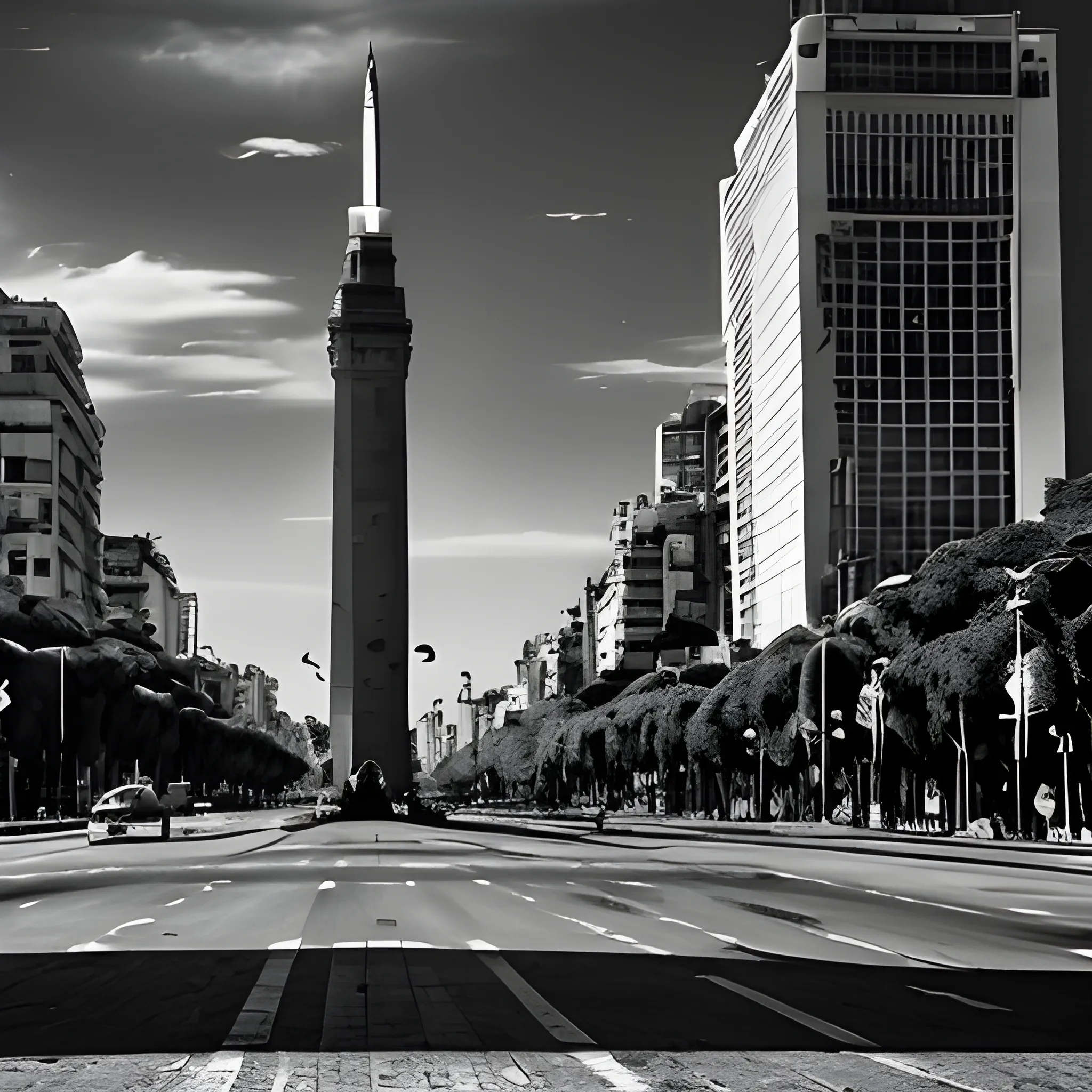 Avenida 9 de julio, ciudad de Buenos Aires, Argentina. Obelisco. Escena postapocalìptica. Invasión Zombie. Estilo Tarantino. Escena cinematogràfica.