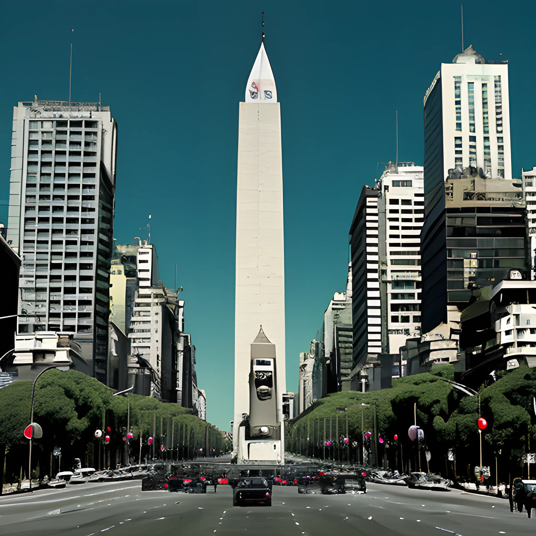 Avenida 9 de julio, ciudad de Buenos Aires, Argentina. Obelisco. Escena postapocalìptica. Invasión Zombie. Terror. Estilo Tarantino. Escena cinematogràfica. 