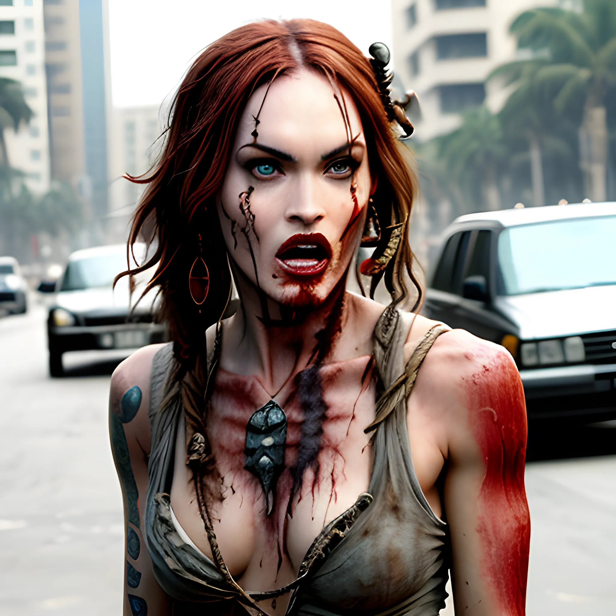 Megan Fox zombie comiendo el cuello de Jack Sparrow en la 5ta avenida. HD, Estilo Tim Burton