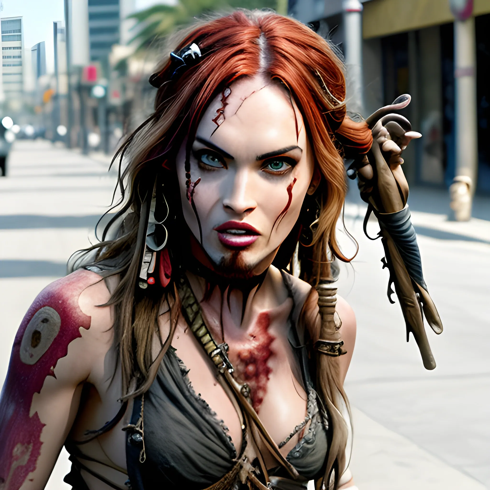 Megan Fox zombie comiendo el cuello de Jack Sparrow en la 5ta avenida. HD, Estilo Tim Burton