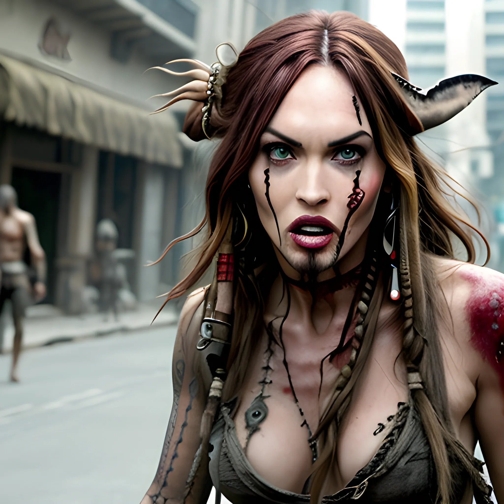 Megan Fox zombie mordiendo en el cuello a Jack Sparrow en la 5ta avenida. HD, Estilo Tim Burton