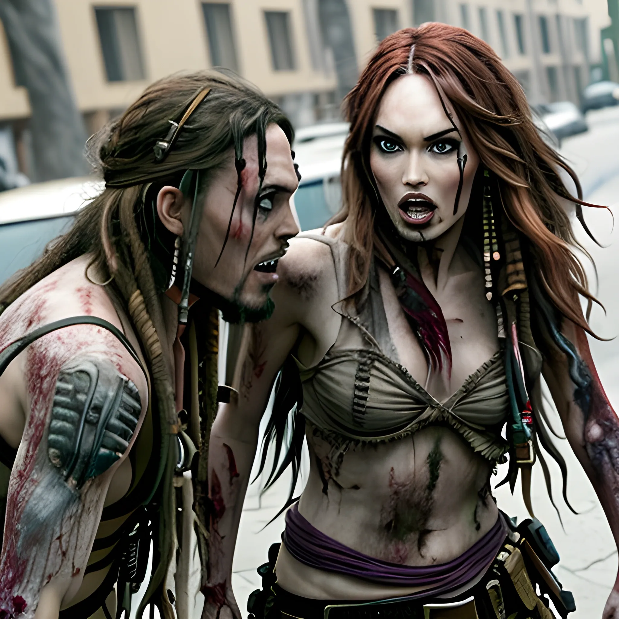 Megan Fox zombie atacando a Jack Sparrow a través de una mordedura en cuello a en la 5ta avenida. HD, Estilo Tim Burton