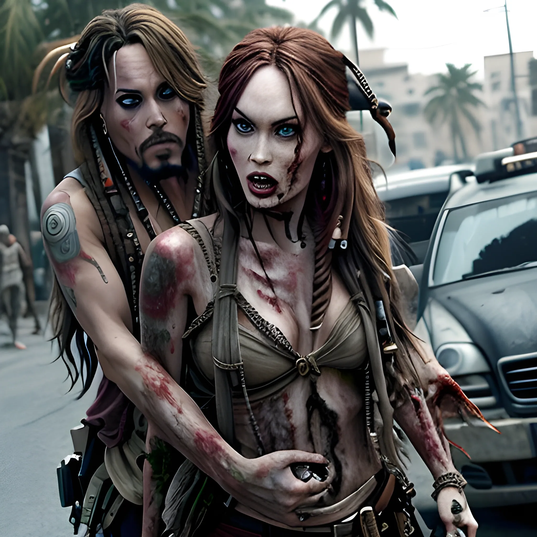 Megan Fox zombie atacando a Jack Sparrow a través de una mordedura en cuello a en la 5ta avenida. HD, Estilo Tim Burton