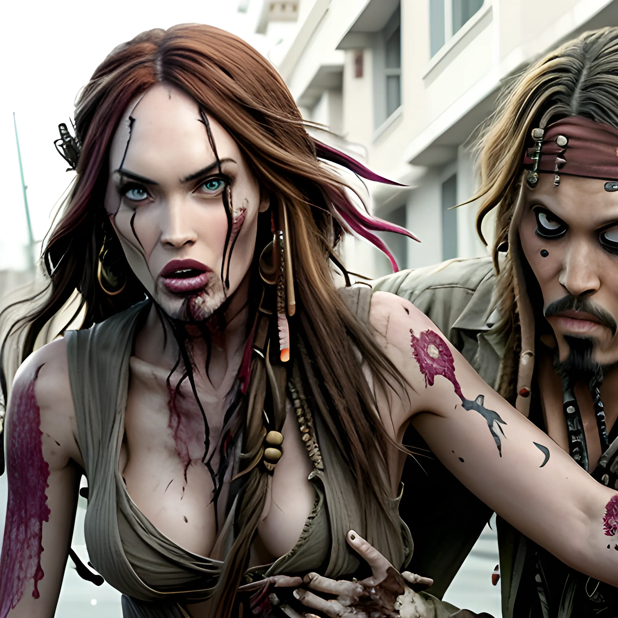 Megan Fox zombie atacando a Jack Sparrow a través de una mordedura en cuello a en la 5ta avenida. HD, Estilo Tim Burton