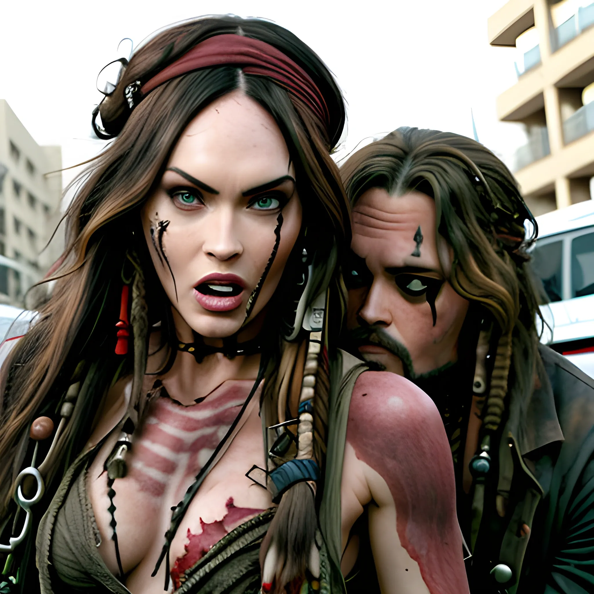 Megan Fox zombie atacando a Jack Sparrow a través de una mordedura en cuello a en la 5ta avenida. HD, Estilo Tim Burton