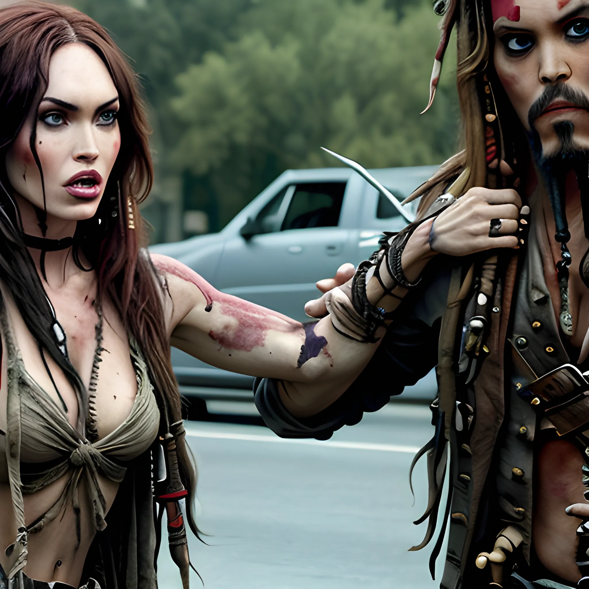 Megan Fox zombie atacando a Jack Sparrow a través de una mordedura en cuello a en la 5ta avenida. HD, Estilo Tim Burton