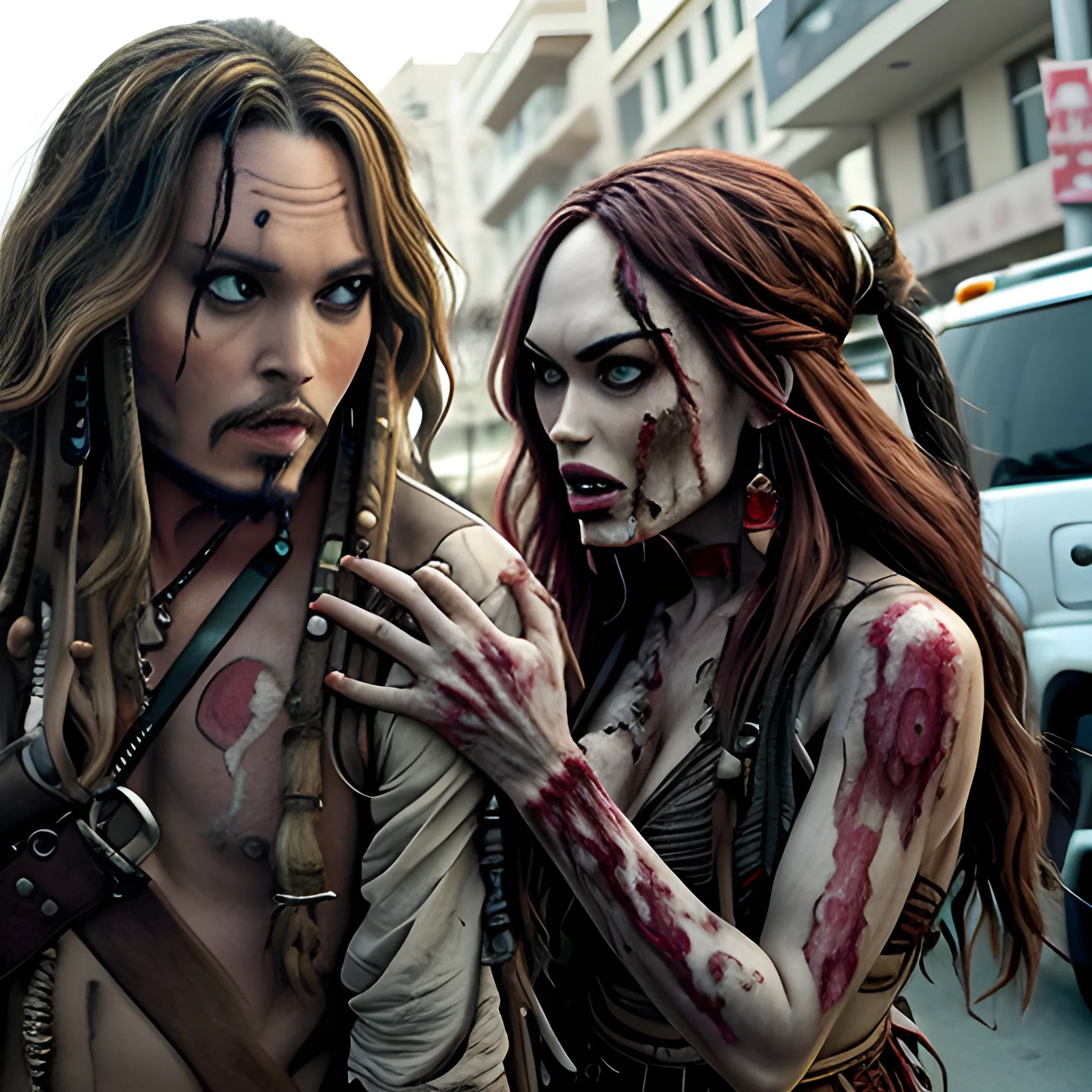 Megan Fox zombie atacando a Jack Sparrow a través de una mordedura en cuello a en la 5ta avenida. HD, Estilo Tim Burton