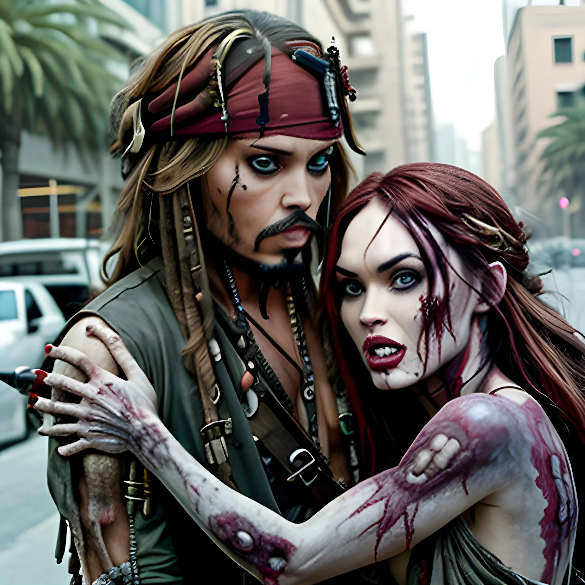 Megan Fox zombie atacando a Jack Sparrow a través de una mordedura en cuello a en la 5ta avenida. HD, Estilo Tim Burton