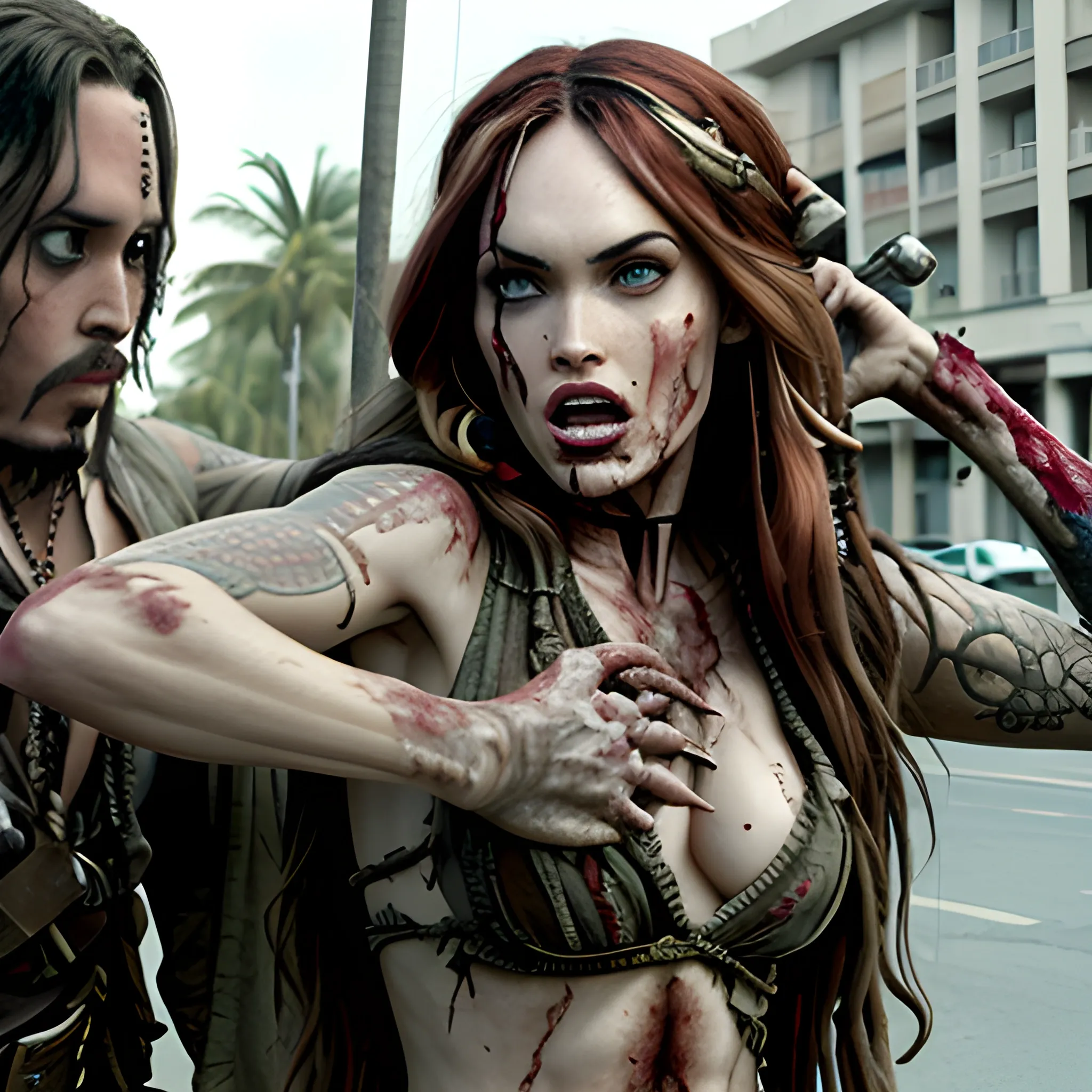 Megan Fox zombie atacando a Jack Sparrow a través de una mordedura en cuello a en la 5ta avenida. HD, Estilo Tim Burton