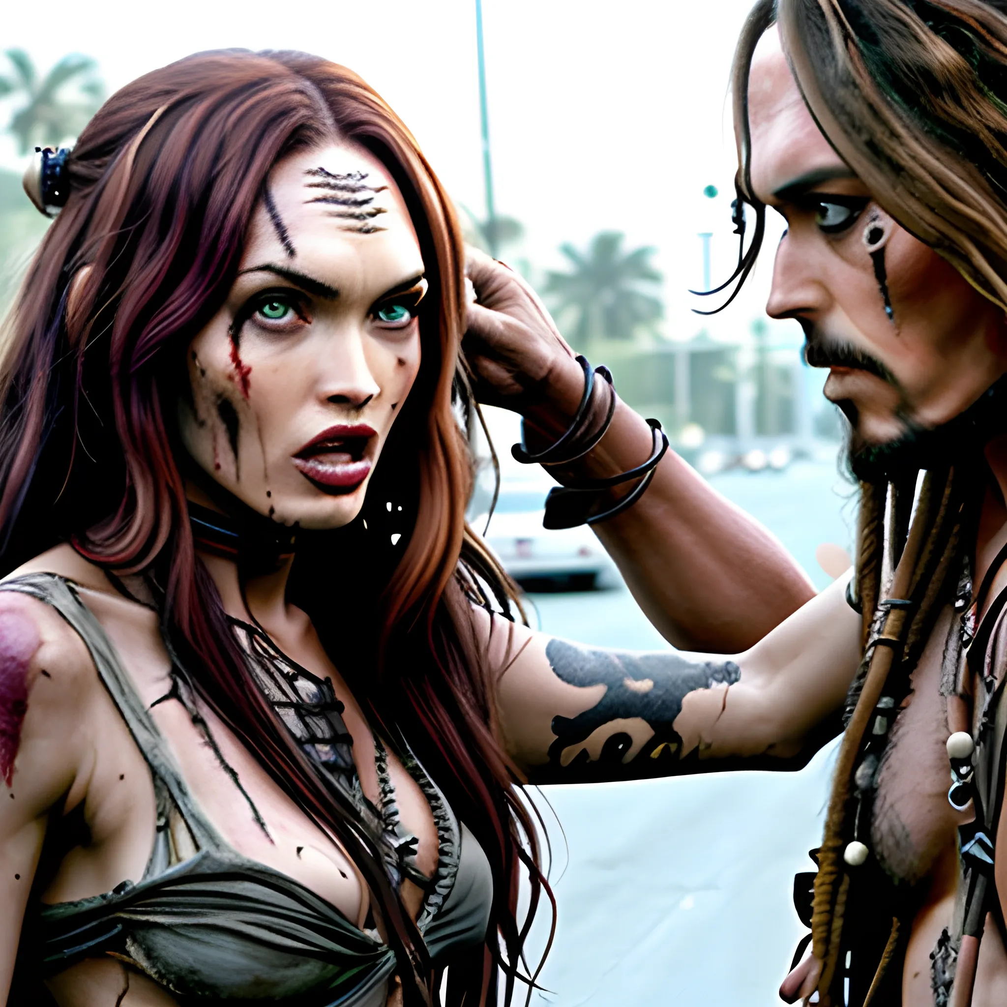 Megan Fox zombie atacando a Jack Sparrow a través de una mordedura en cuello a en la 5ta avenida. HD, Estilo Tim Burton