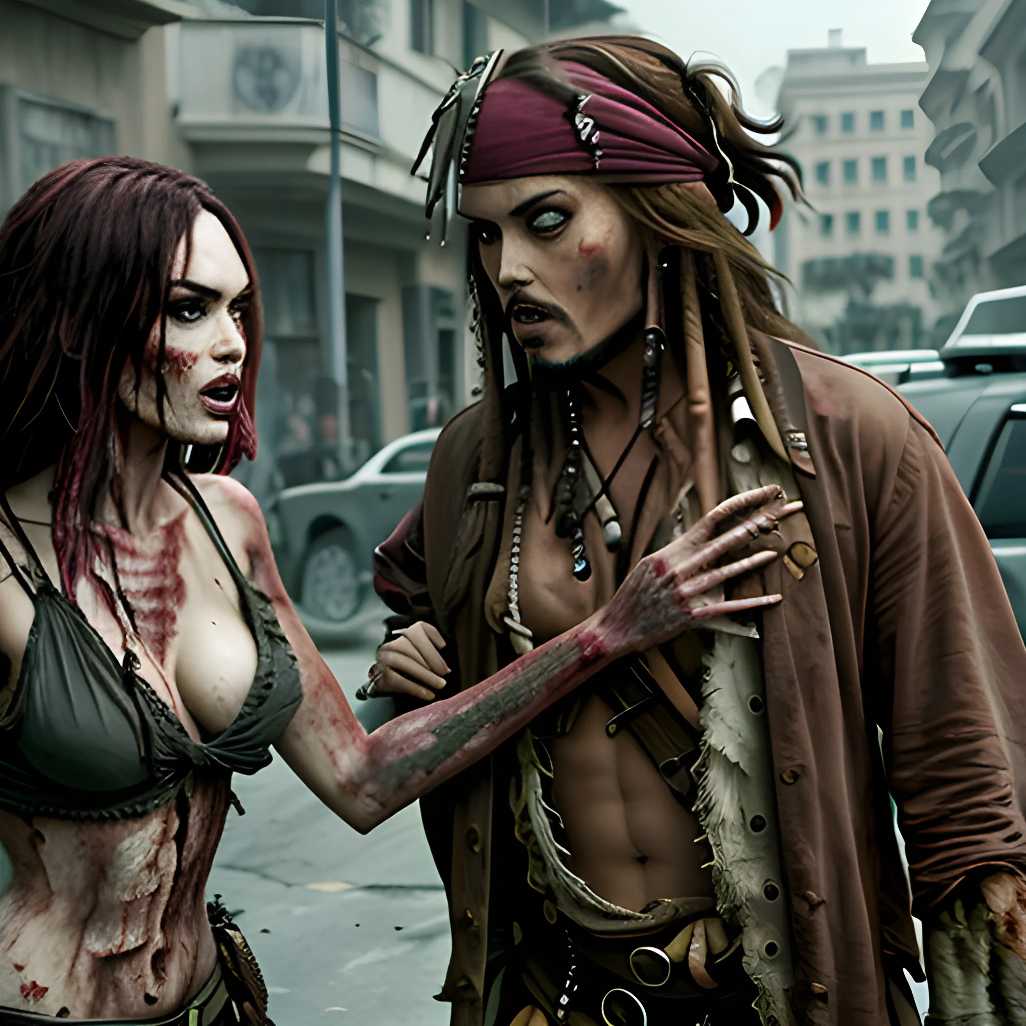 Megan Fox zombie atacando a Jack Sparrow a través de una mordedura en cuello a en la 5ta avenida. HD, Estilo Tim Burton