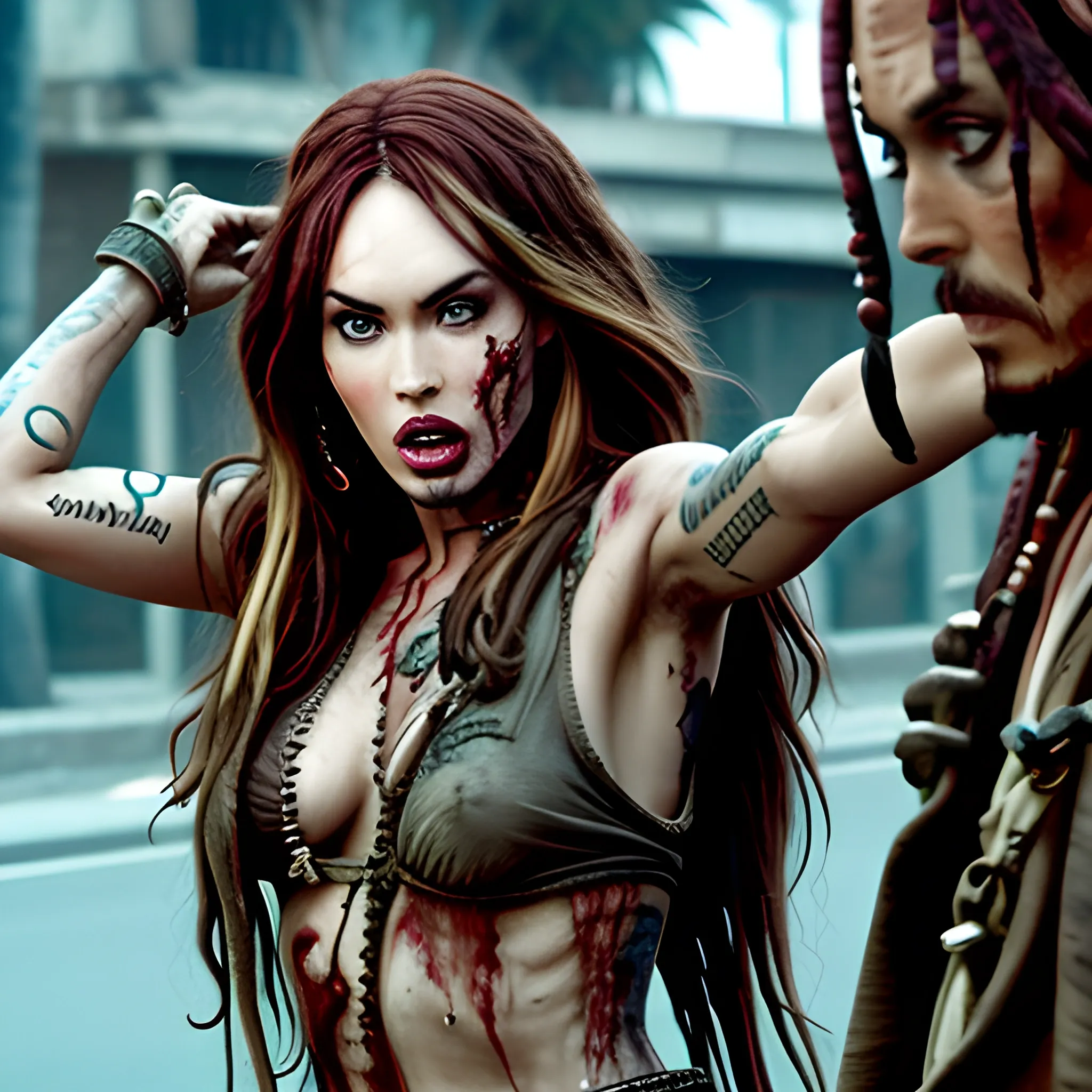 Megan Fox zombie atacando a Jack Sparrow a través de una mordedura en cuello a en la 5ta avenida. HD, Estilo Tim Burton