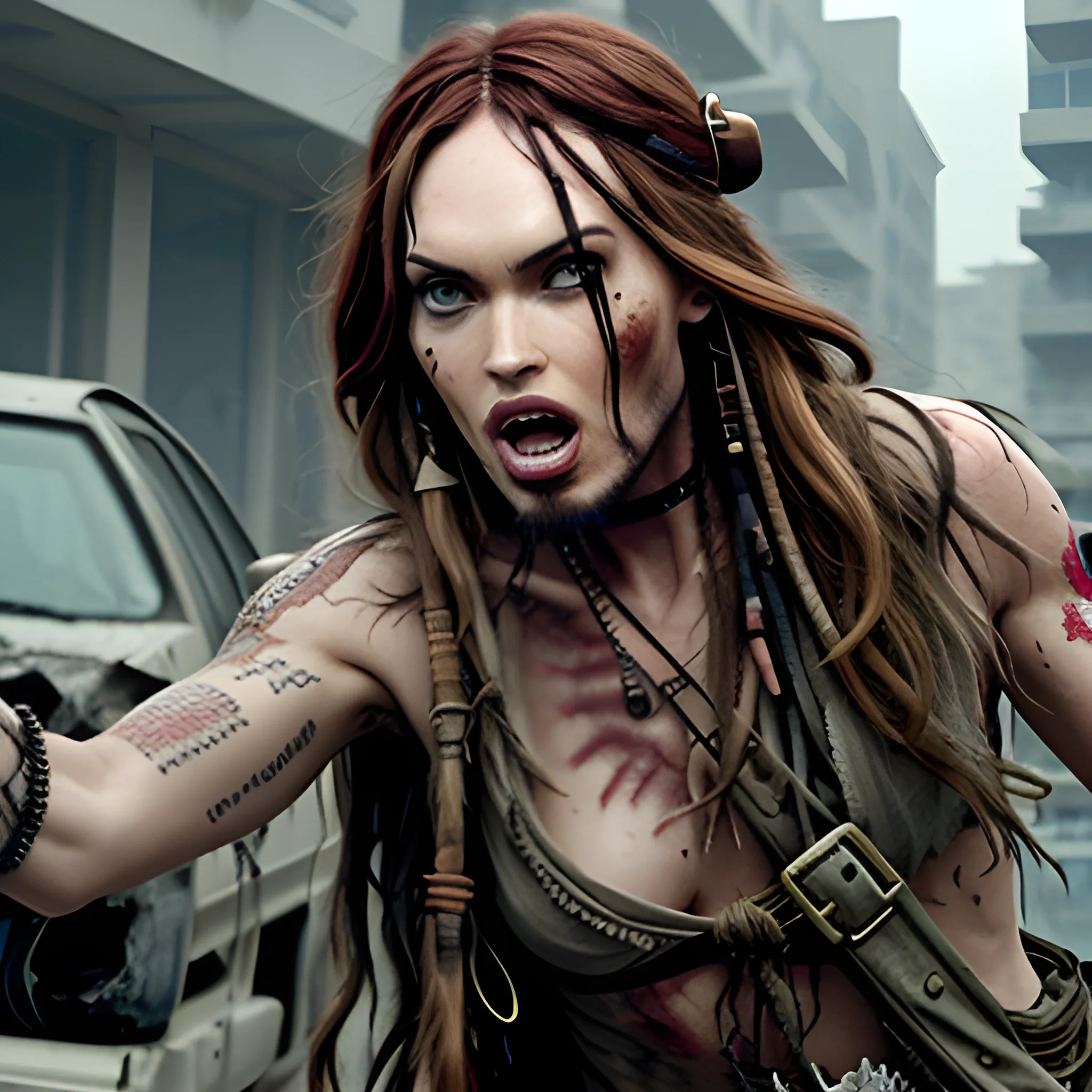 Megan Fox zombie atacando a Jack Sparrow a través de una mordedura en cuello a en la 5ta avenida. HD, Estilo Tim Burton