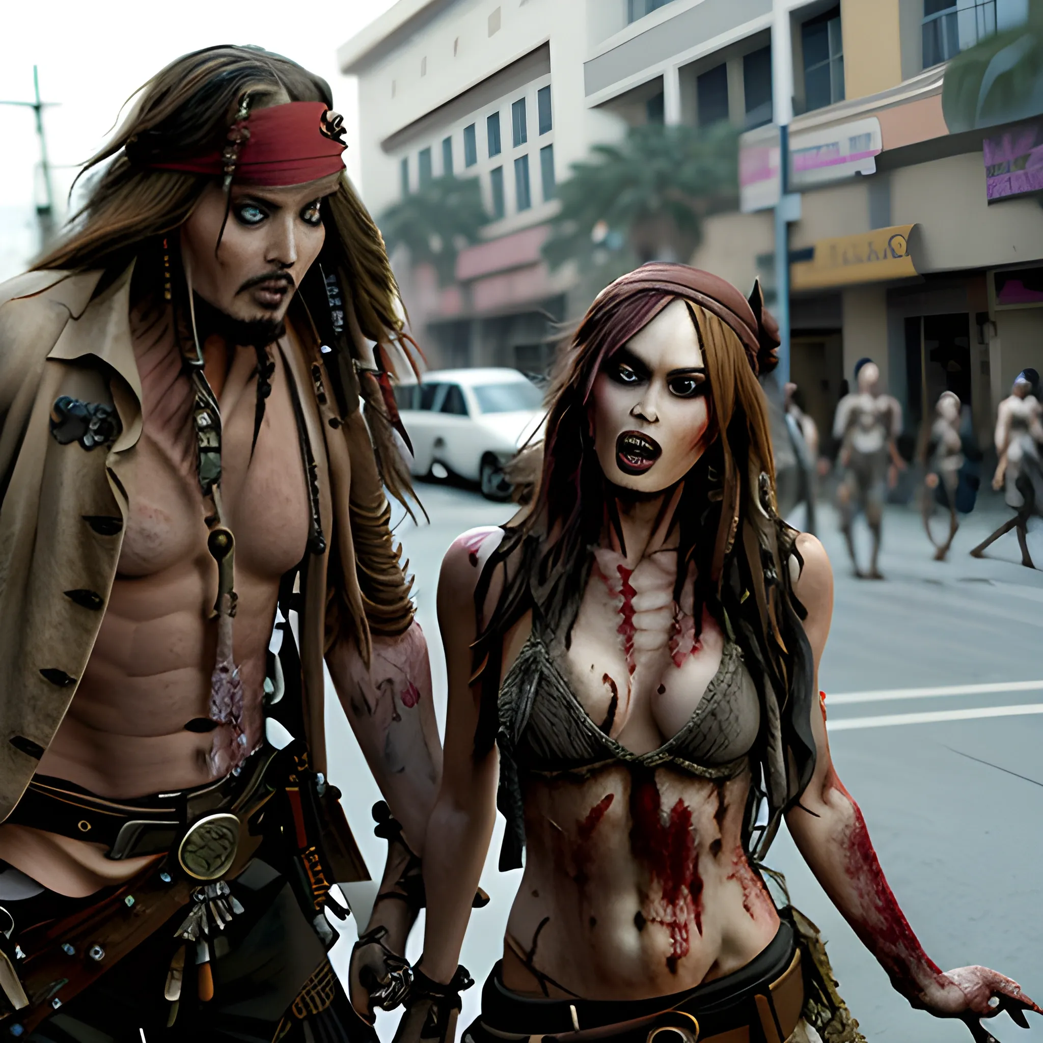 Megan Fox zombie atacando a Jack Sparrow a través de una mordedura en cuello a en la 5ta avenida. HD, Estilo Tim Burton