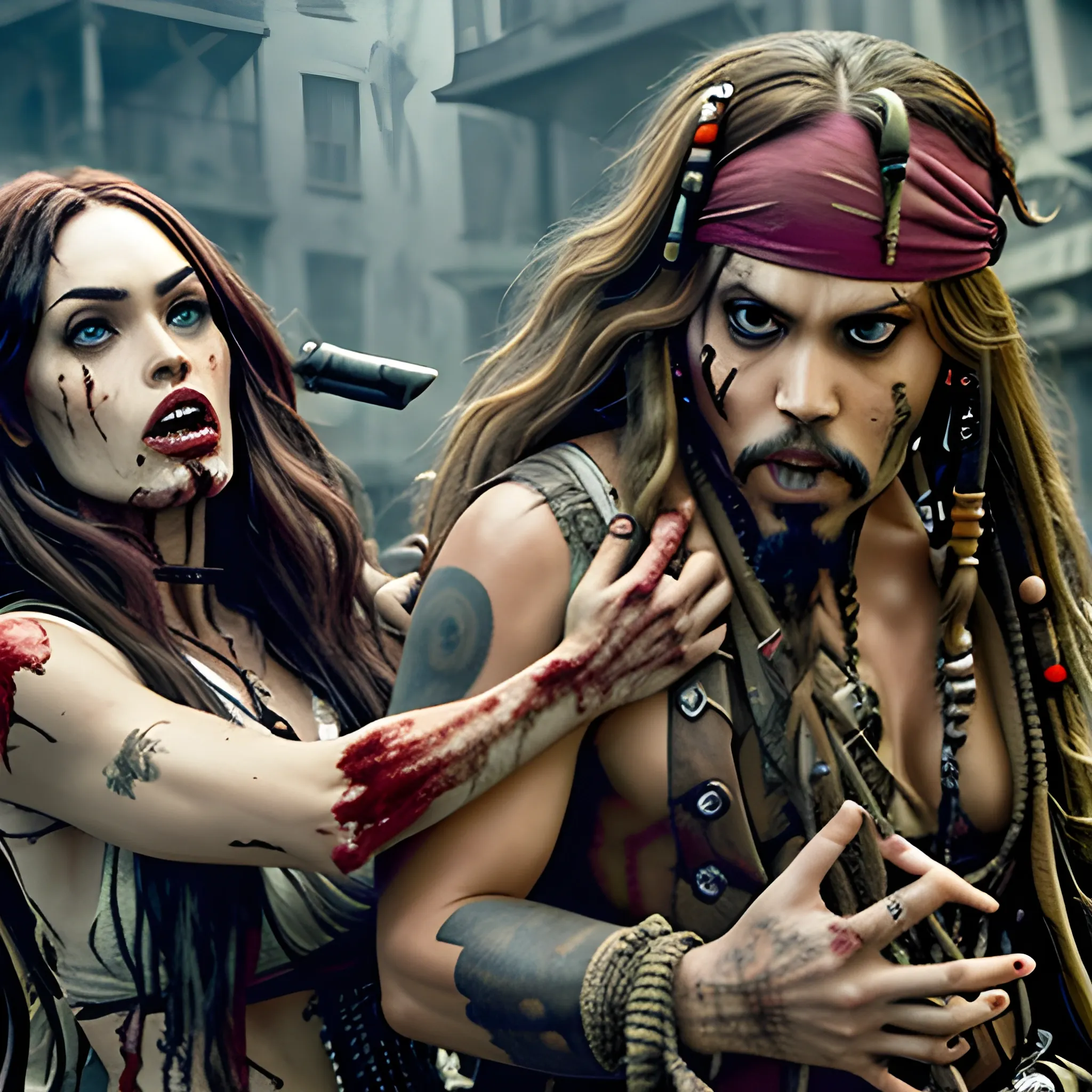 Megan Fox zombie atacando a Jack Sparrow a través de una mordedura en cuello a en la 5ta avenida. HD, Estilo Tim Burton