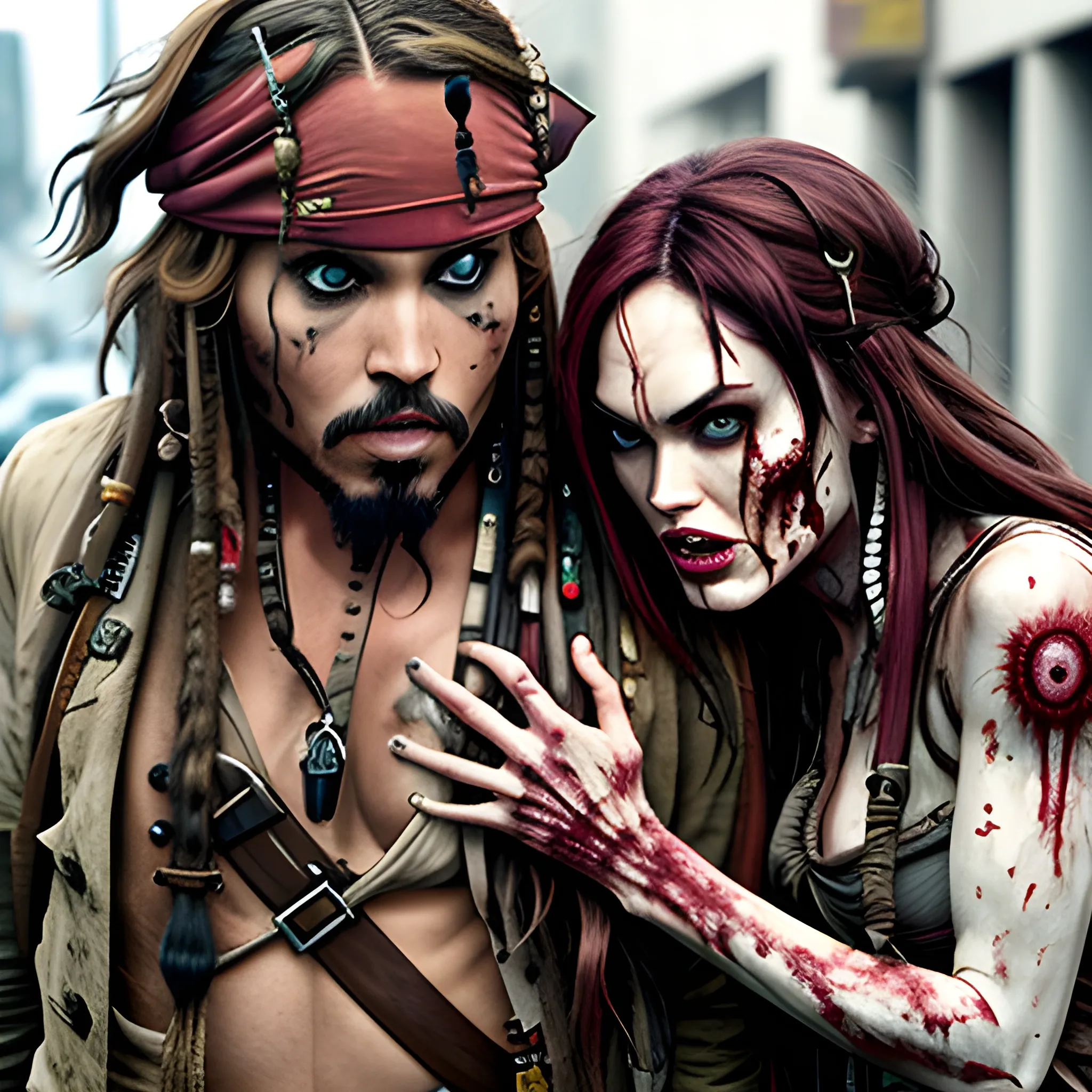 Megan Fox zombie atacando a Jack Sparrow a través de una mordedura en cuello a en la 5ta avenida. HD, Estilo Tim Burton