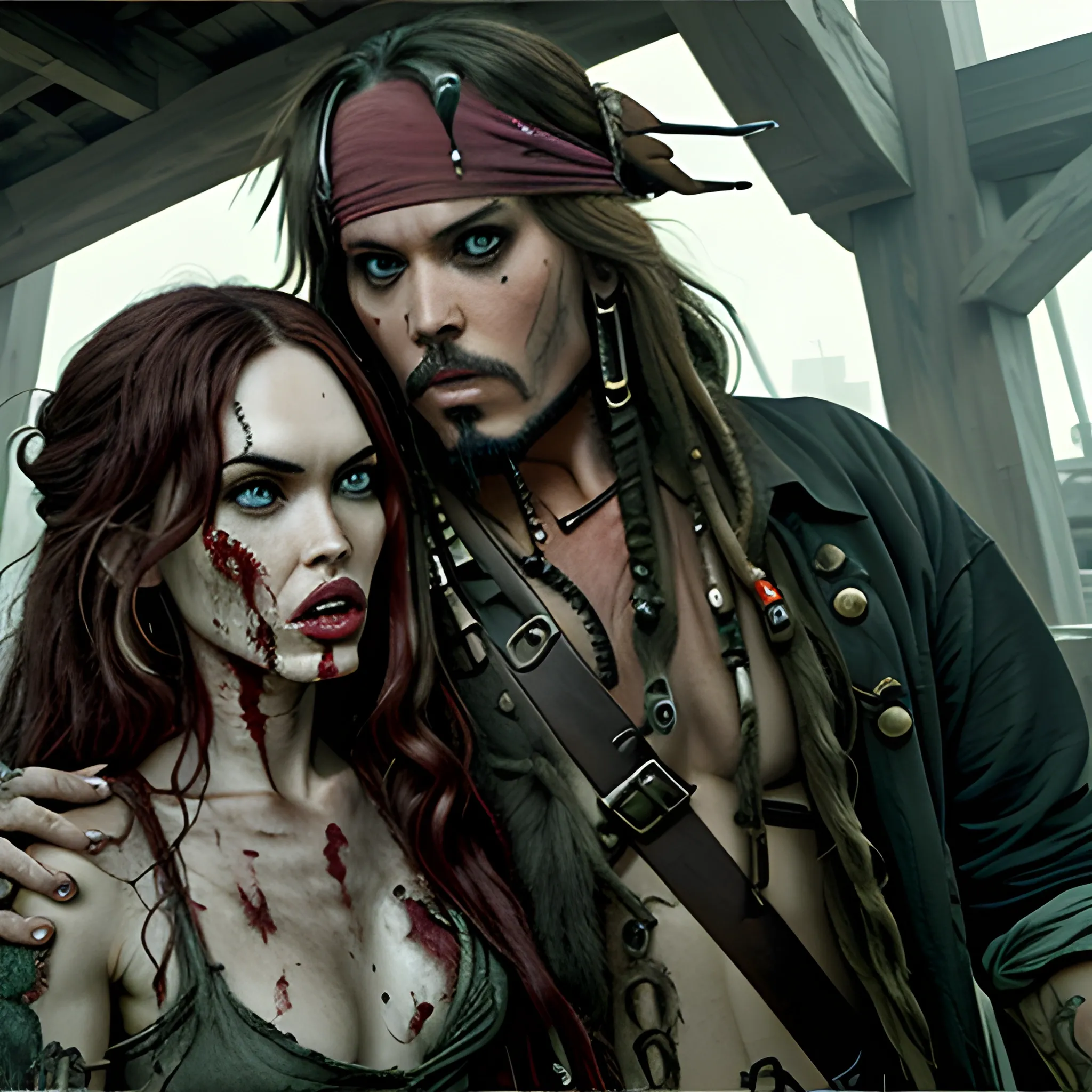 Megan Fox zombie atacando a Jack Sparrow a través de una mordedura en cuello a en la 5ta avenida. HD, Estilo Tim Burton