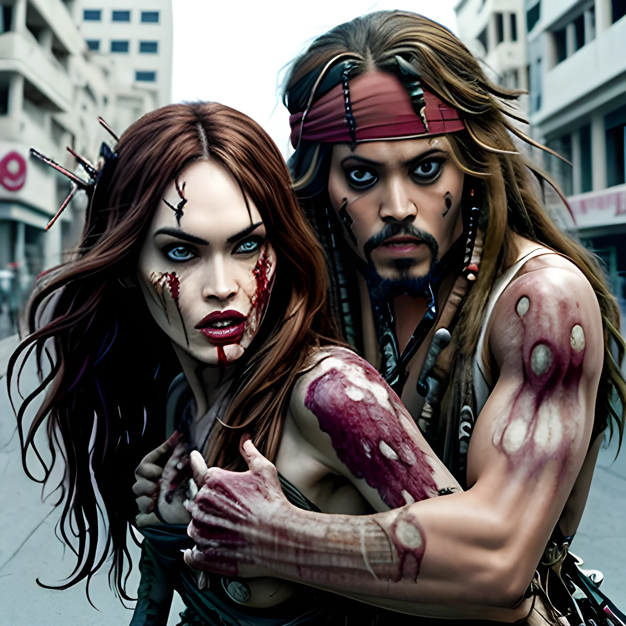 Megan Fox zombie atacando a Jack Sparrow a través de una mordedura en cuello a en la 5ta avenida. HD, Estilo Tim Burton