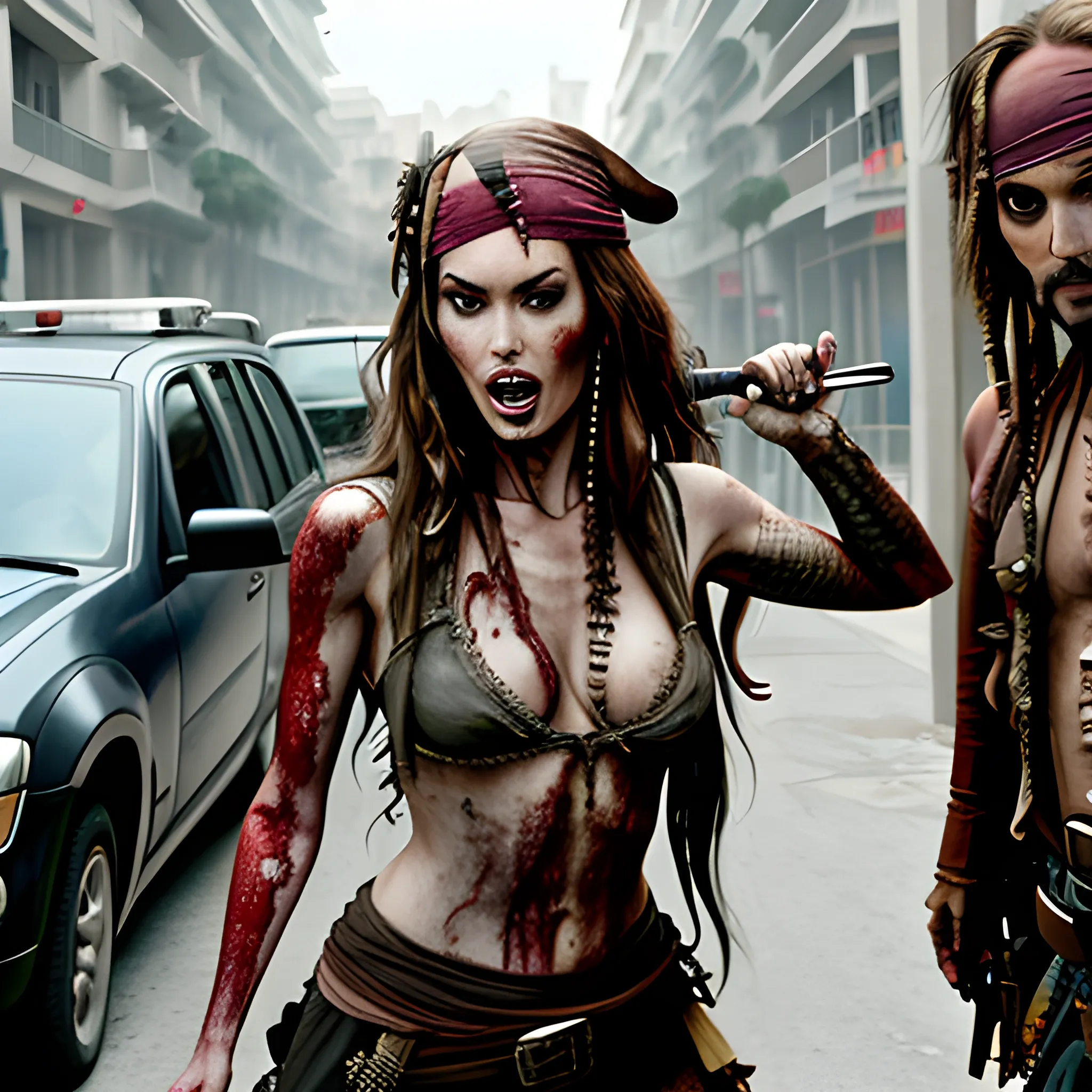 Megan Fox zombie atacando a Jack Sparrow a través de una mordedura en cuello a en la 5ta avenida. HD, Estilo Tim Burton