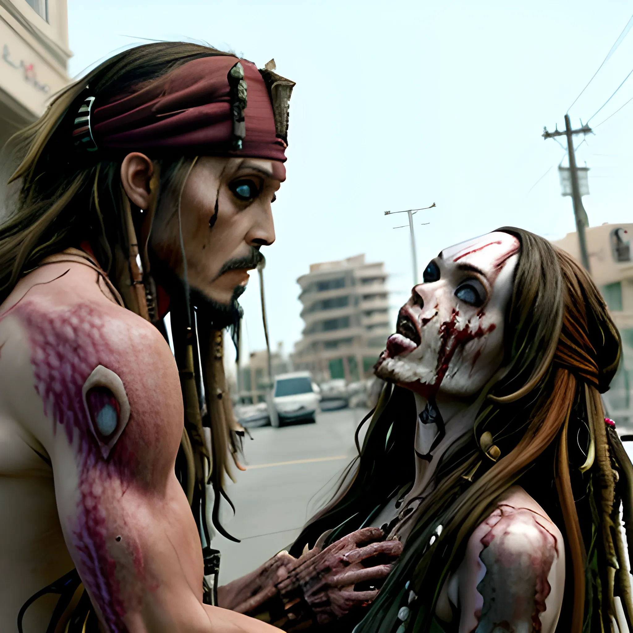 Megan Fox zombie atacando a Jack Sparrow a través de una mordedura en cuello a en la 5ta avenida. HD, Estilo Tim Burton