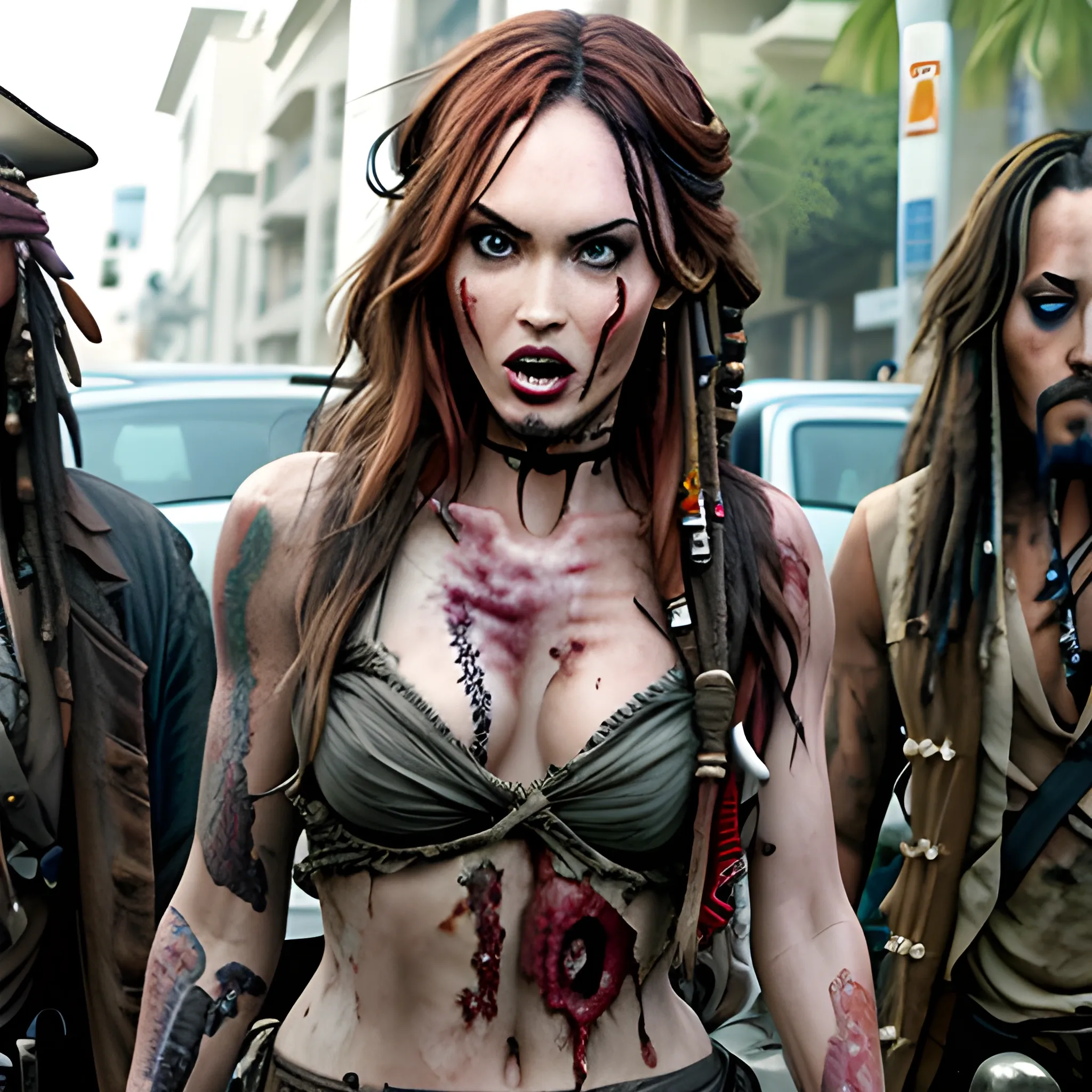 Megan Fox zombie atacando a Jack Sparrow a través de una mordedura en cuello a en la 5ta avenida. HD, Estilo Tim Burton