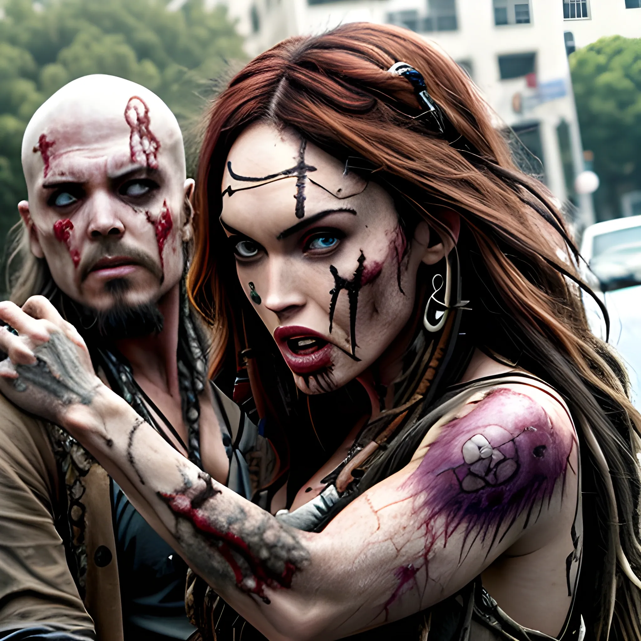 Megan Fox zombie atacando a Jack Sparrow a través de una mordedura en cuello a en la 5ta avenida. HD, Estilo Tim Burton