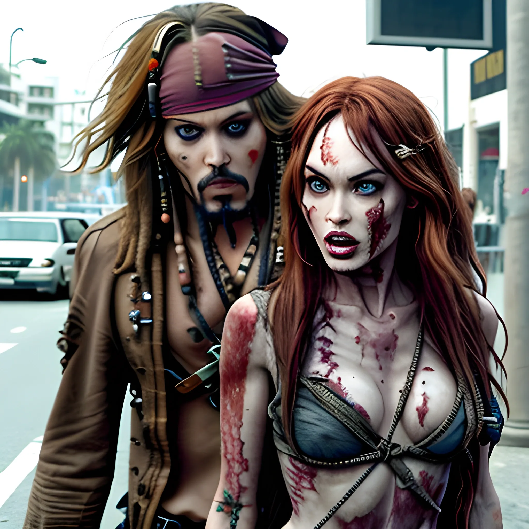 Megan Fox zombie atacando a Jack Sparrow a través de una mordedura en cuello a en la 5ta avenida. HD, Estilo Tim Burton