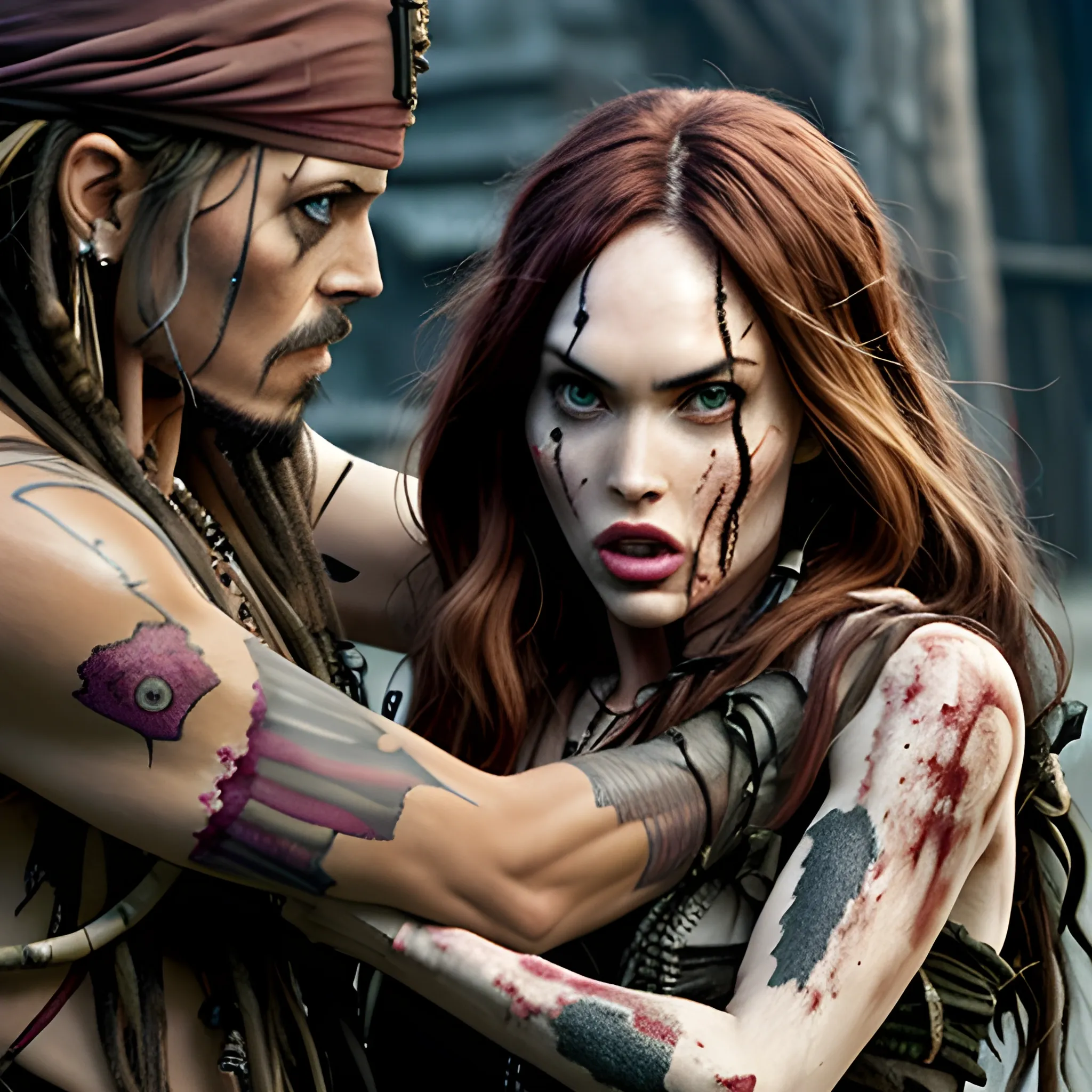 Megan Fox zombie atacando a Jack Sparrow a través de una mordedura en cuello a en la 5ta avenida. HD, Estilo Tim Burton