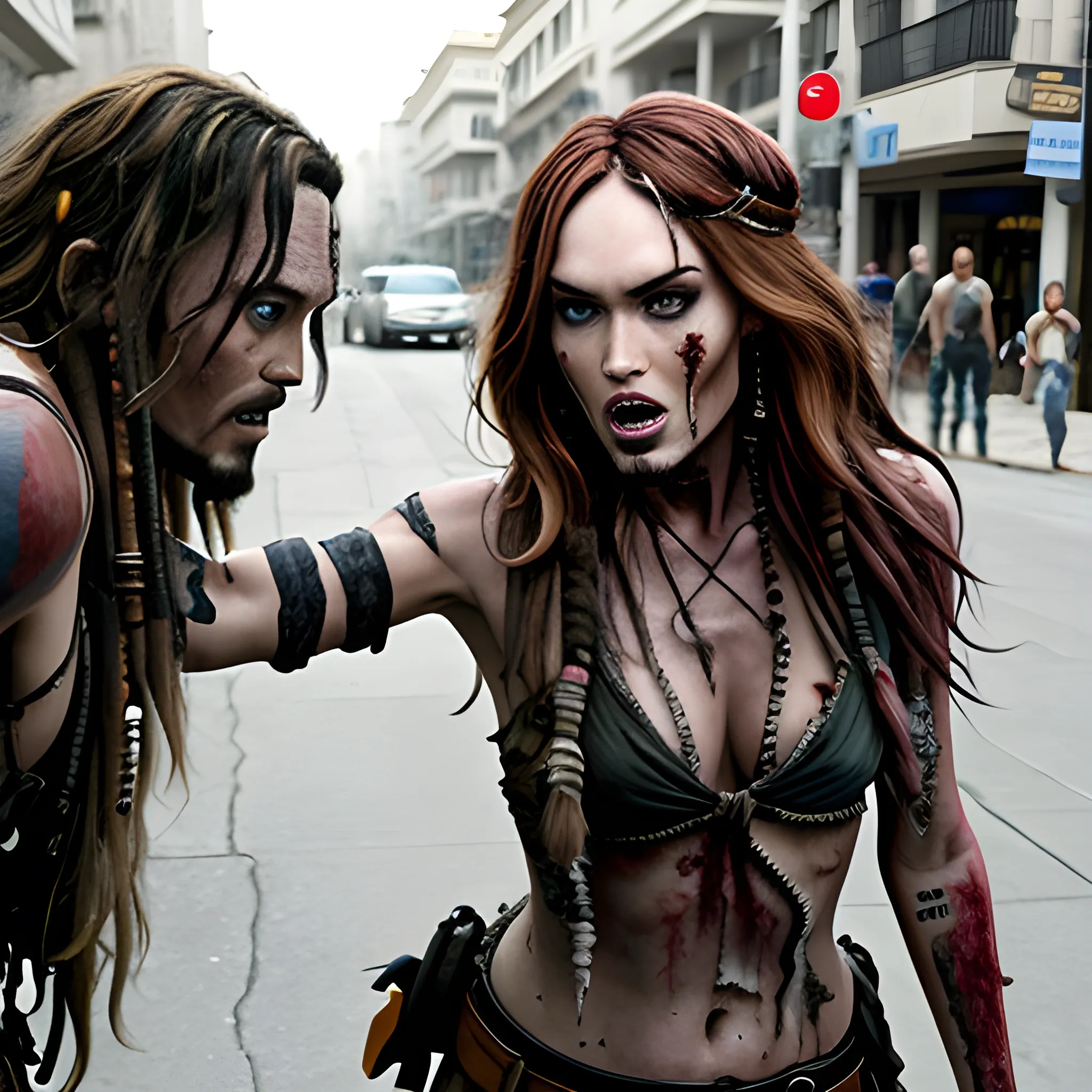 Megan Fox zombie atacando a Jack Sparrow a través de una mordedura en cuello a en la 5ta avenida. HD, Estilo Tim Burton