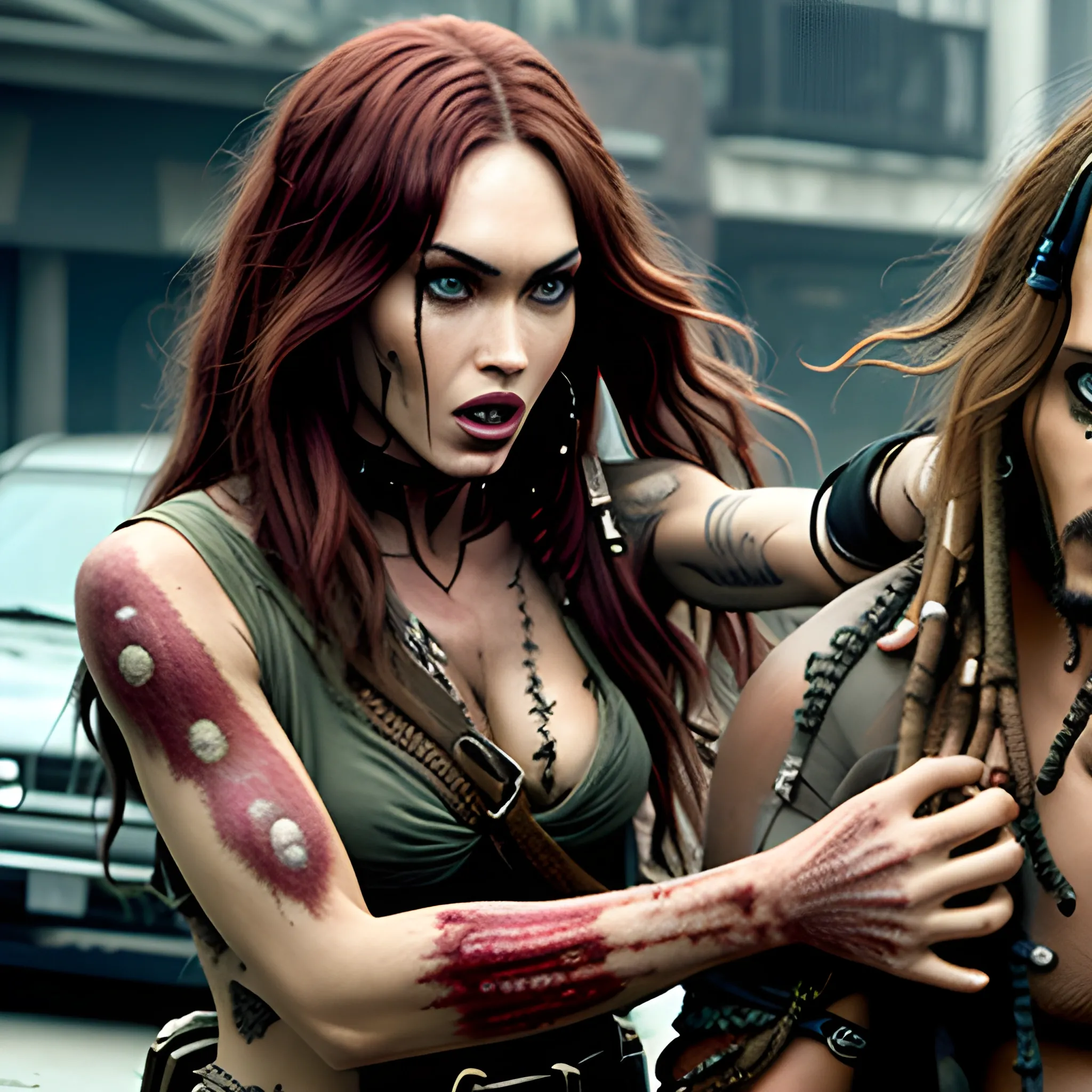 Megan Fox zombie atacando a Jack Sparrow a través de una mordedura en cuello a en la 5ta avenida. HD, Estilo Tim Burton