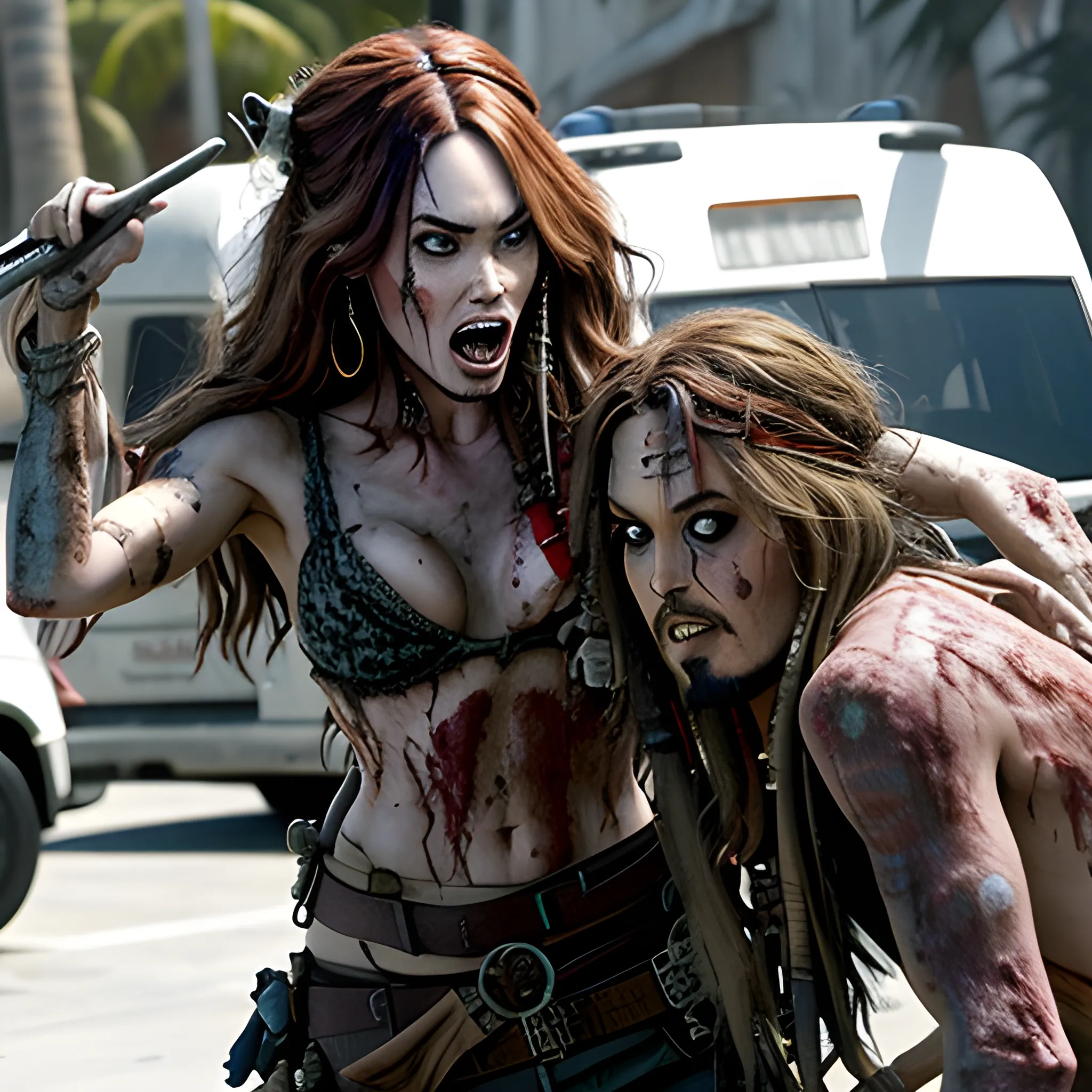 Megan Fox zombie atacando a Jack Sparrow a través de una mordedura en cuello a en la 5ta avenida. HD, Estilo Tim Burton